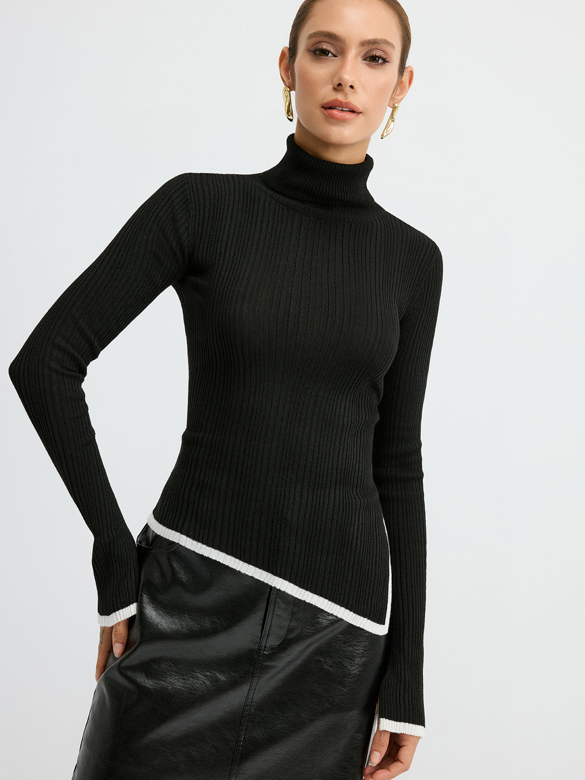 Turtleneck Contrast Trim Slit Wool Blend Knit Top for Women Stylish Winter