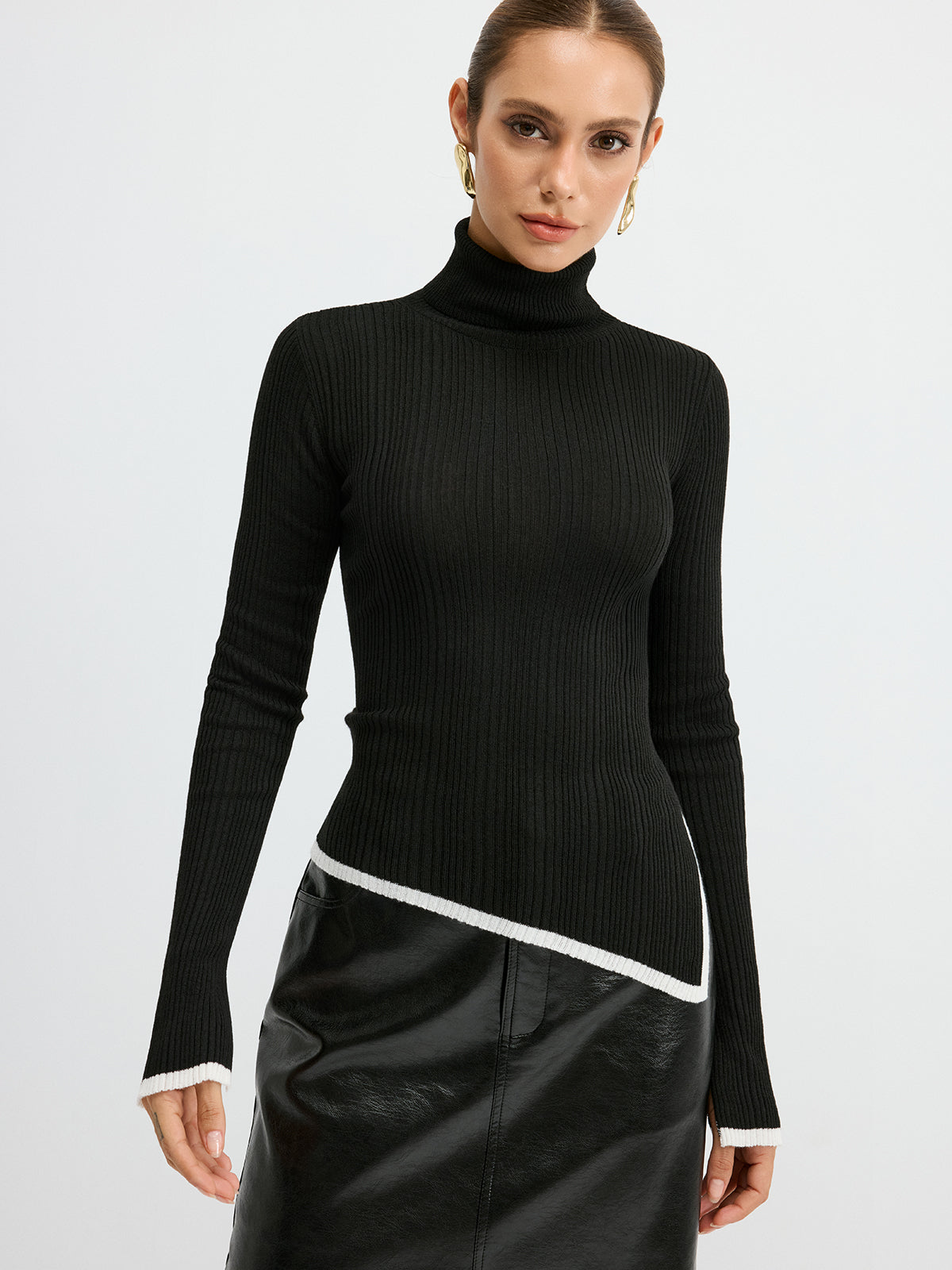 Turtleneck Contrast Trim Slit Wool Blend Knit Top for Women Stylish Winter