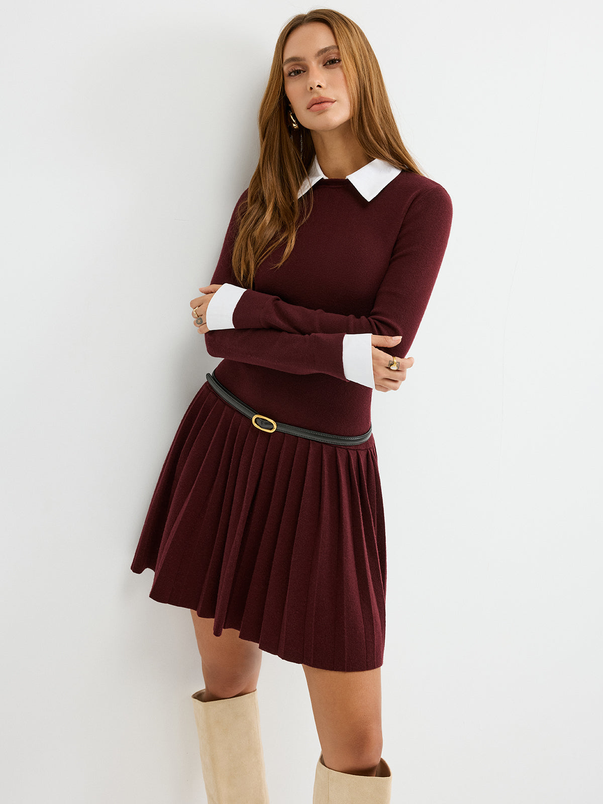 Detachable Shirt Collar Pleated Mini Dress without Belt, Fashionable Women's Casual Party Wear