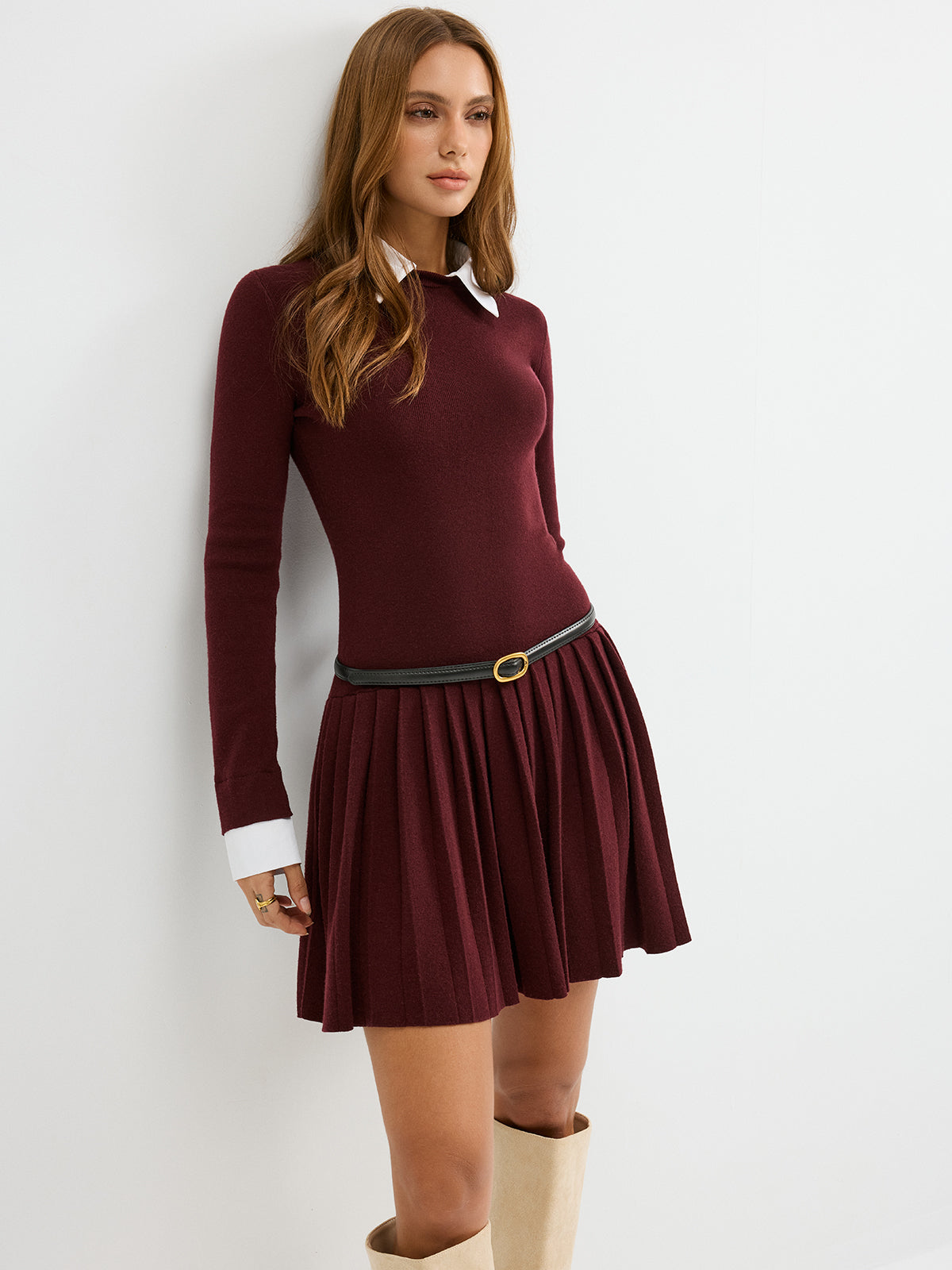 Detachable Shirt Collar Pleated Mini Dress without Belt, Fashionable Women's Casual Party Wear