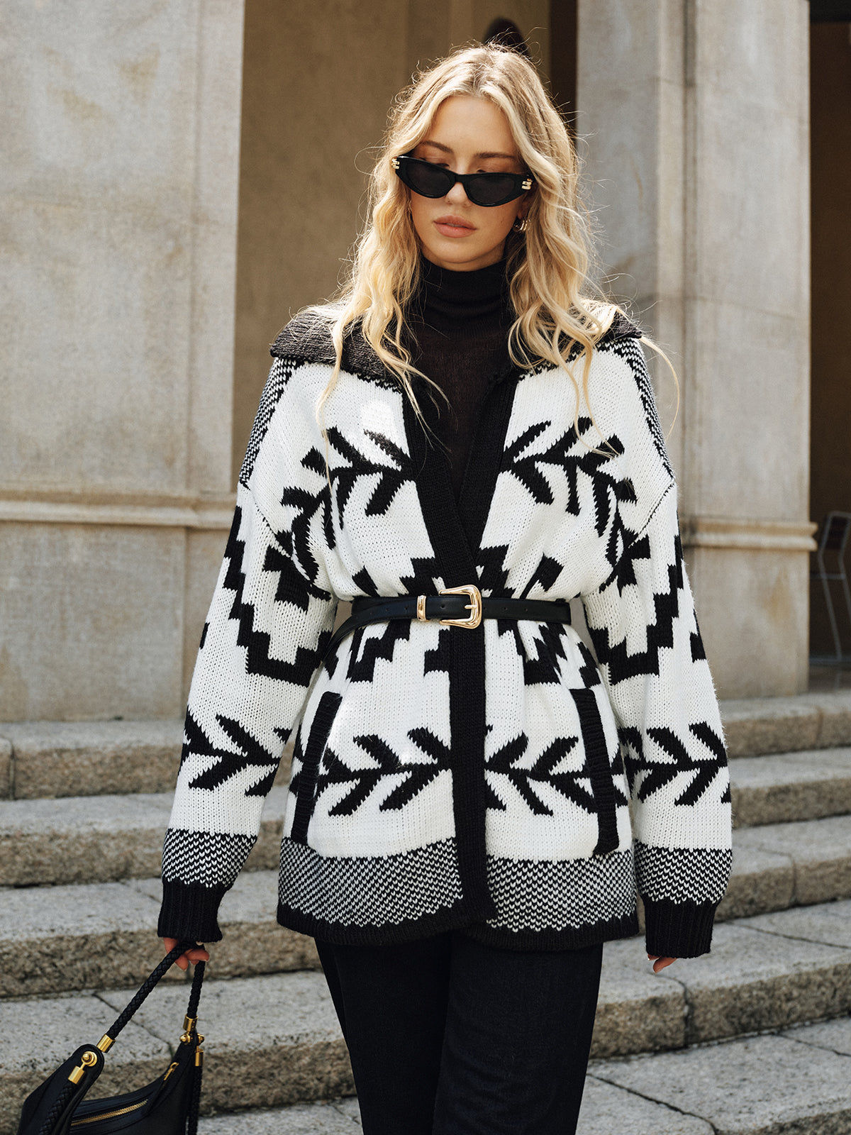 Geometric Pattern Collared Knit Cardigan with Long Sleeves, No Belt