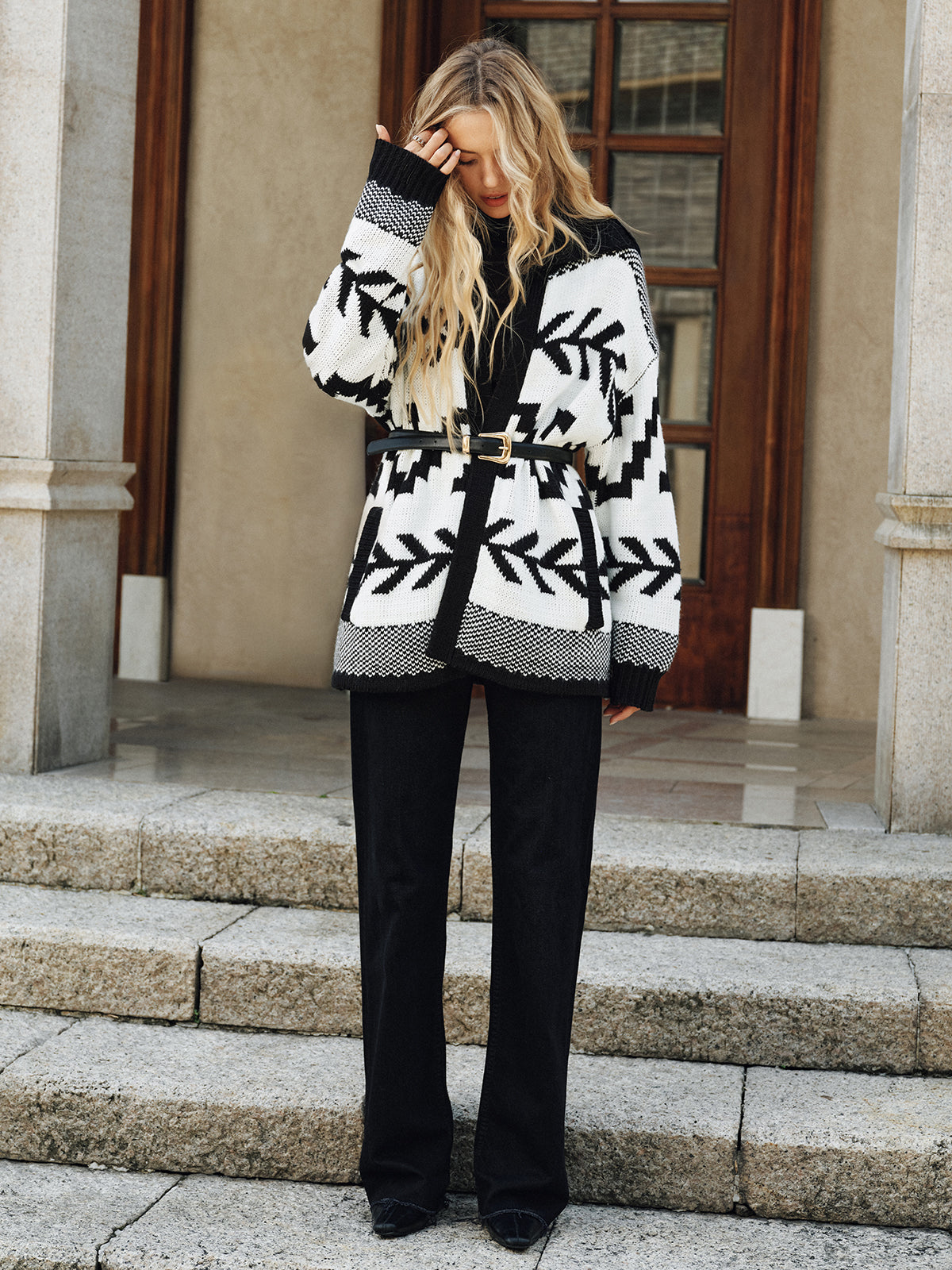 Geometric Pattern Collared Knit Cardigan with Long Sleeves, No Belt