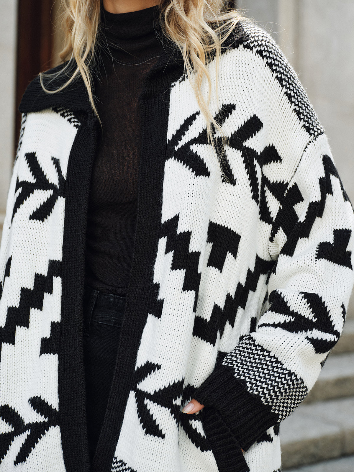 Geometric Pattern Collared Knit Cardigan with Long Sleeves, No Belt