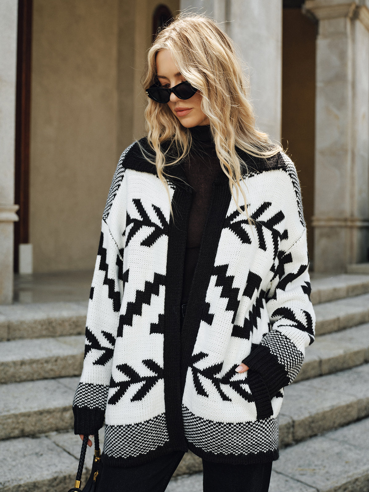 Geometric Pattern Collared Knit Cardigan with Long Sleeves, No Belt
