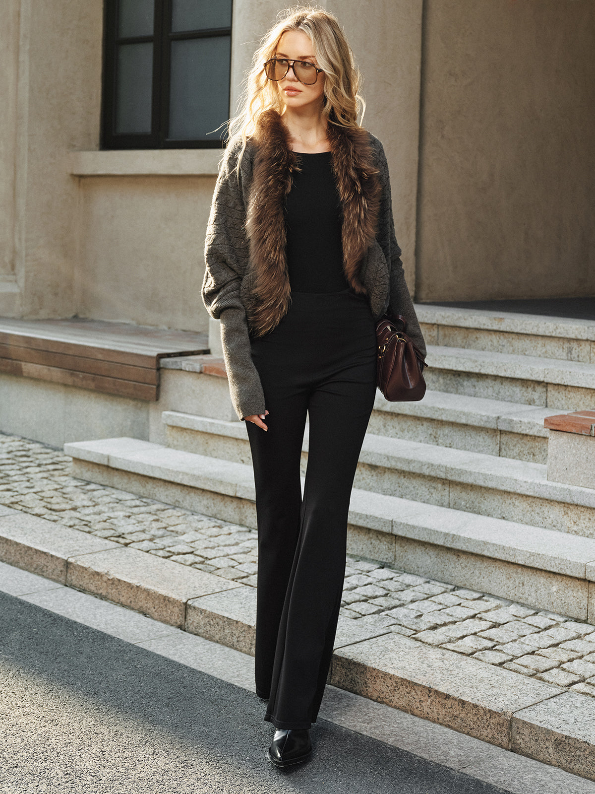 Faux Fur Collar Wool Blend Knit Outerwear for Women, Stylish Winter Coat