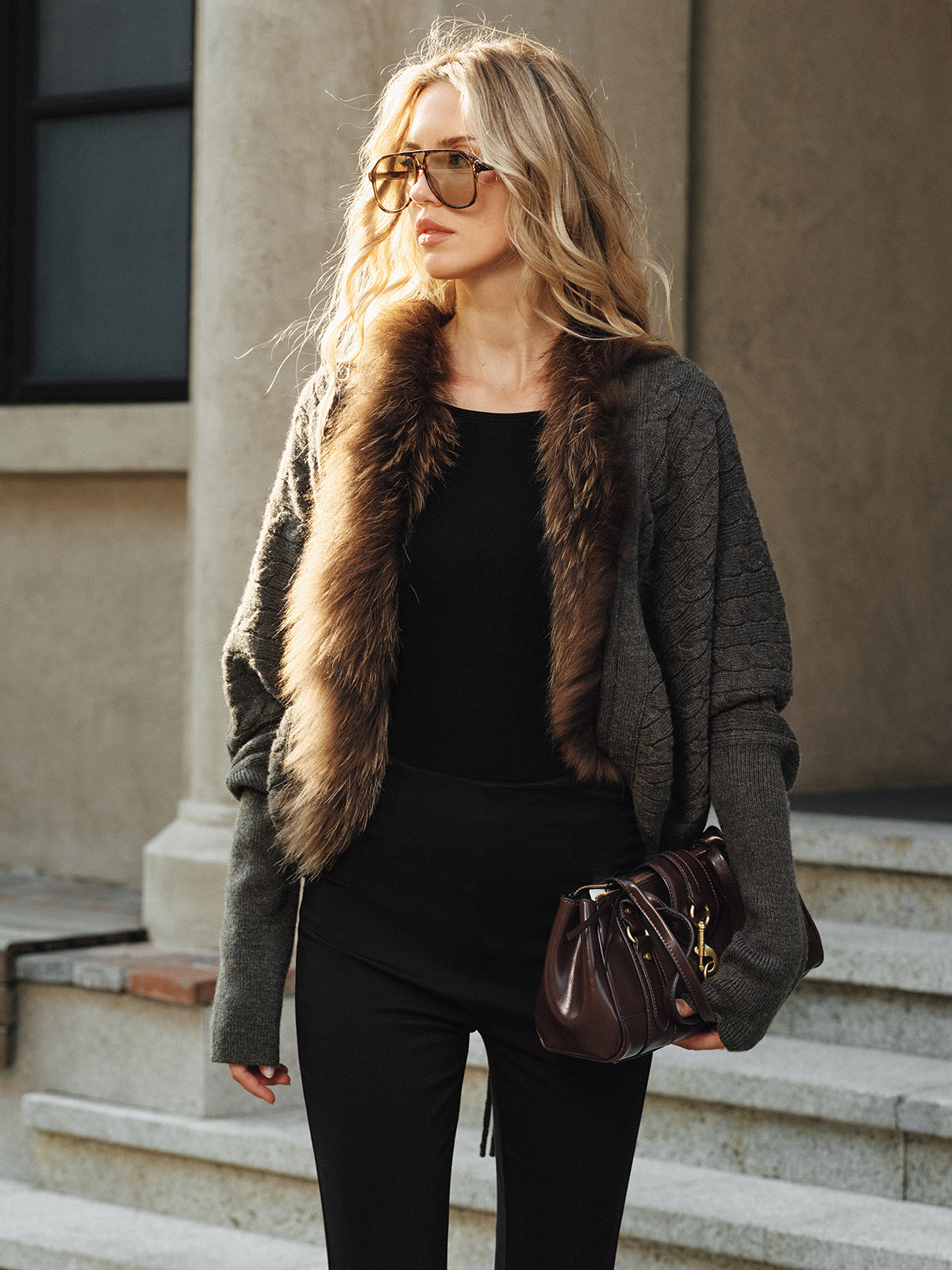 Faux Fur Collar Wool Blend Knit Outerwear for Women, Stylish Winter Coat