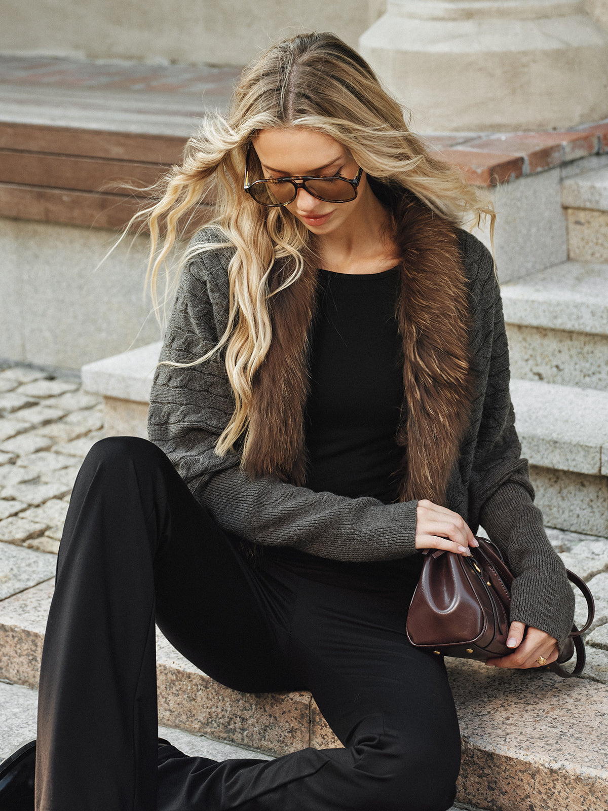 Faux Fur Collar Wool Blend Knit Outerwear for Women, Stylish Winter Coat