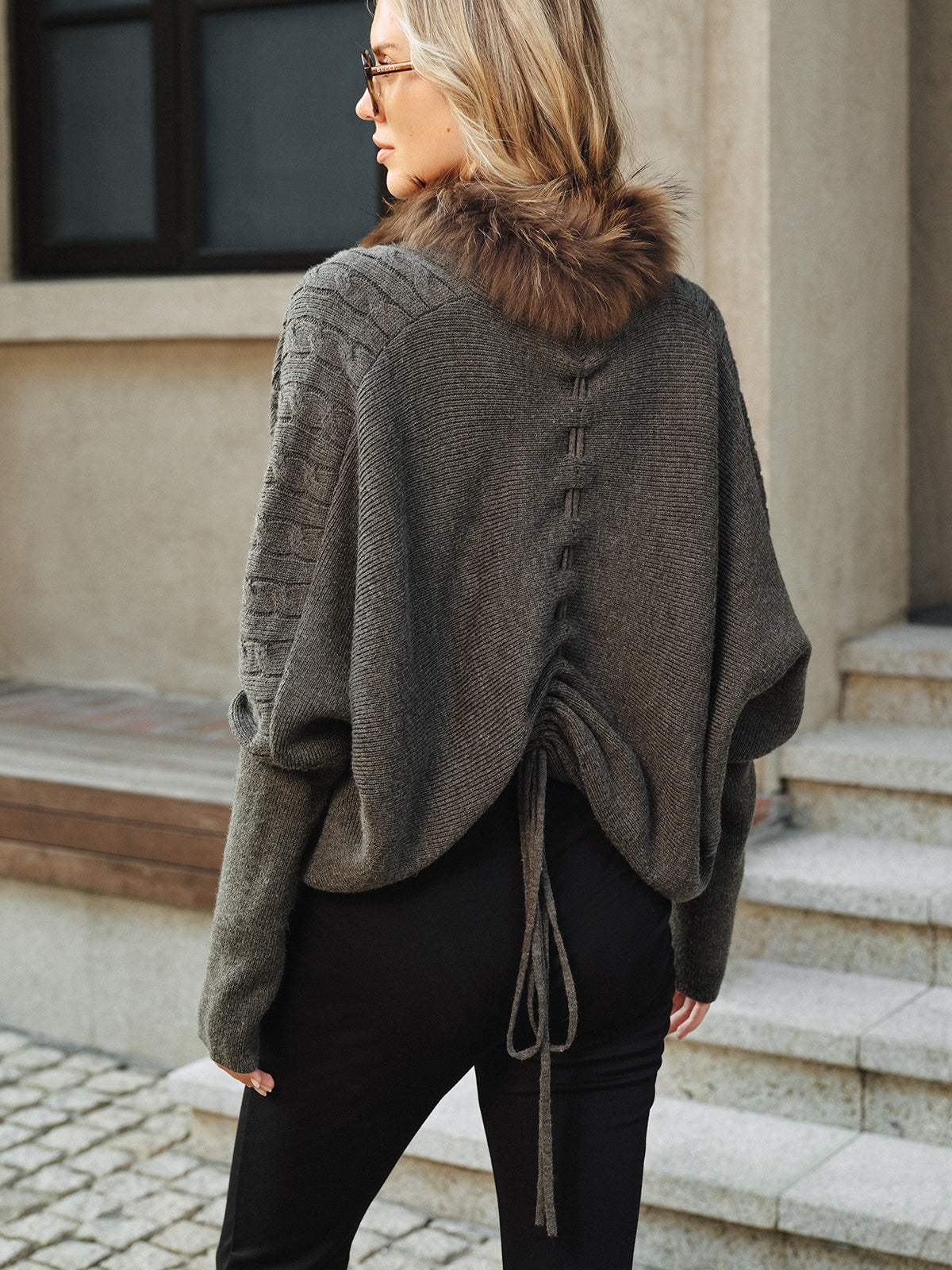 Faux Fur Collar Wool Blend Knit Outerwear for Women, Stylish Winter Coat