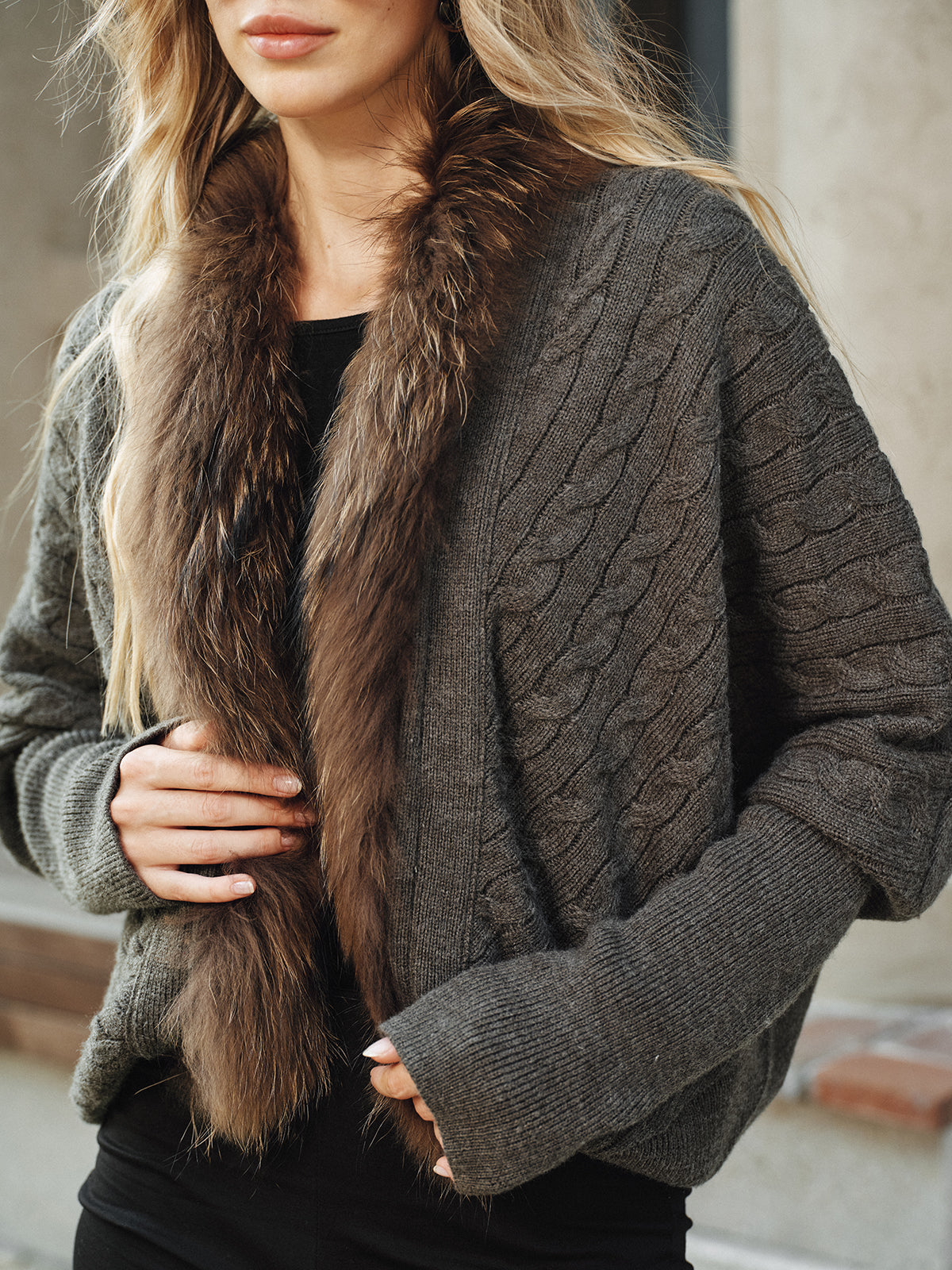 Faux Fur Collar Wool Blend Knit Outerwear for Women, Stylish Winter Coat
