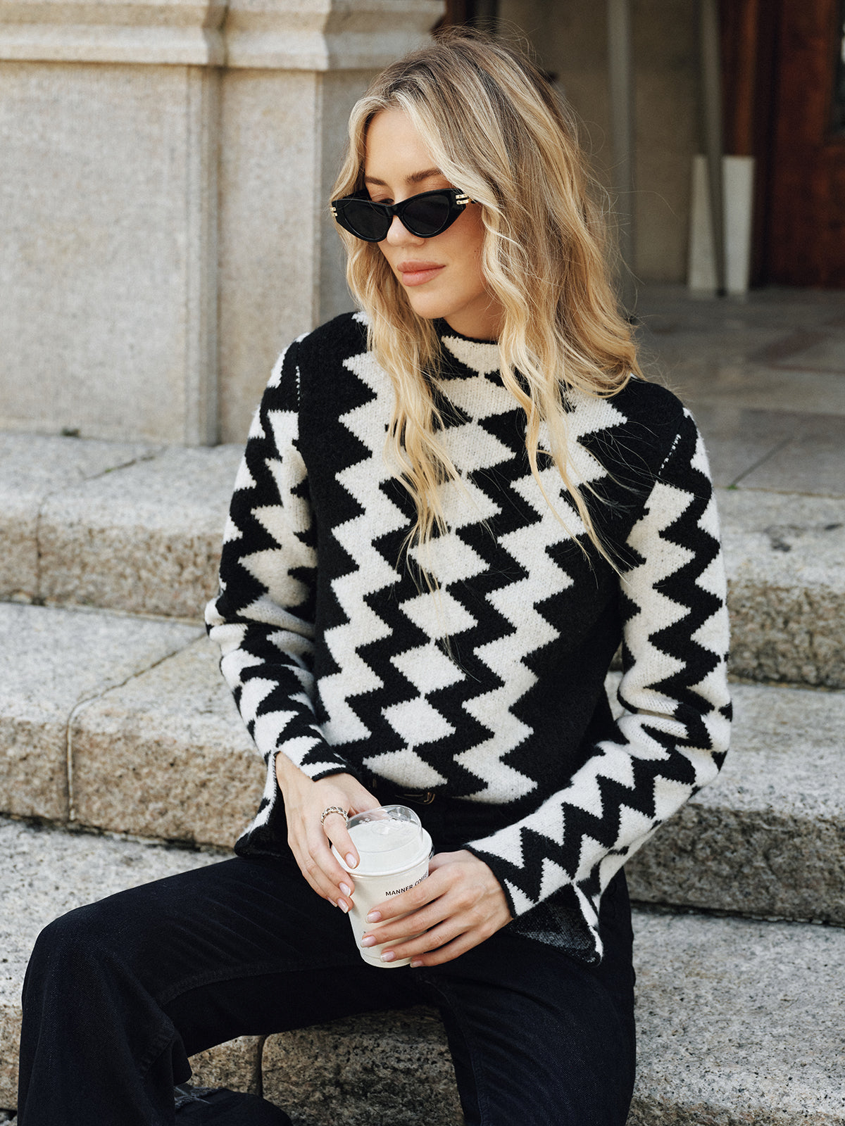 Chevron Pattern Mock Neck Knit Sweater Cozy Winter Apparel