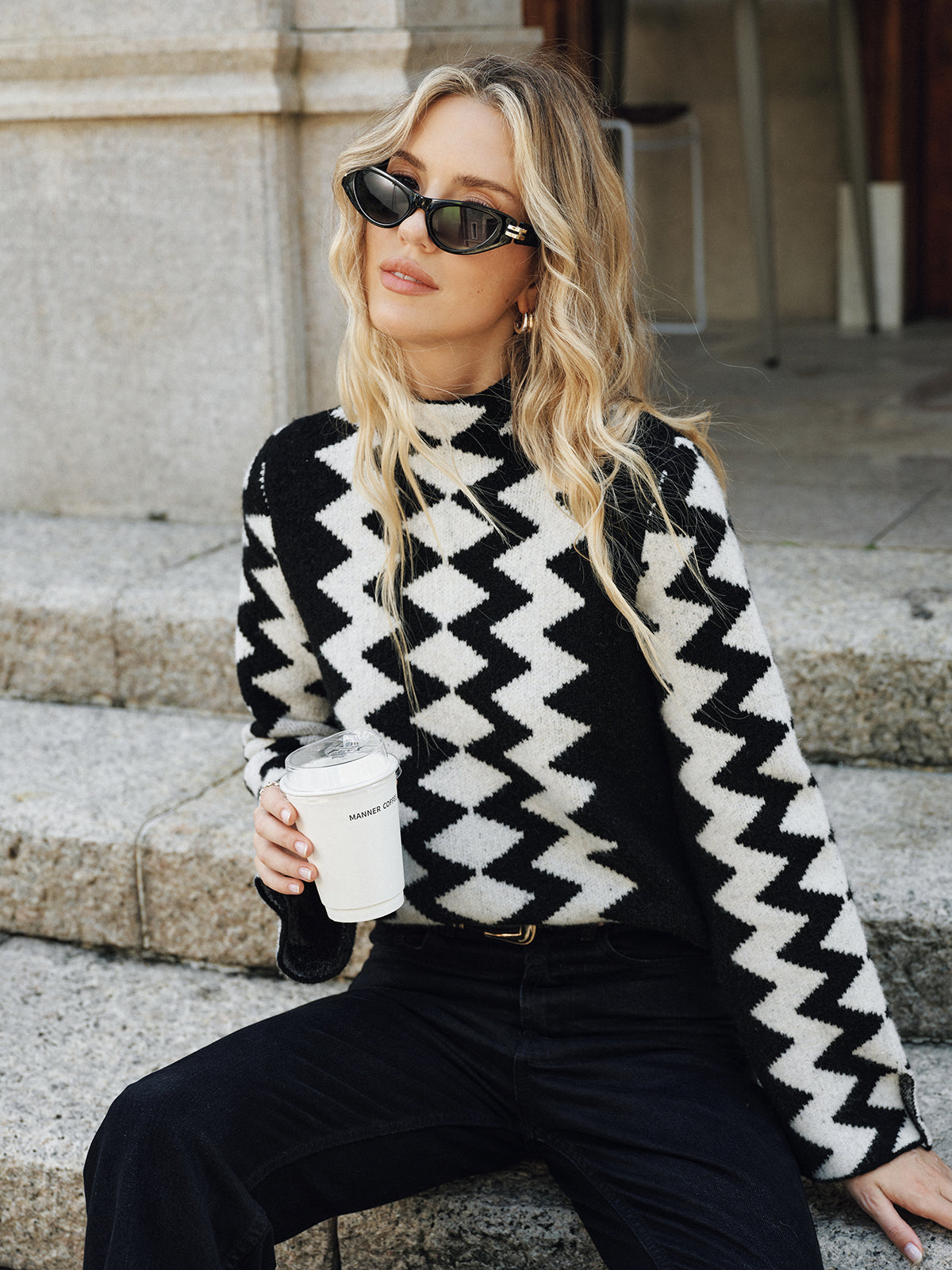 Chevron Pattern Mock Neck Knit Sweater Cozy Winter Apparel