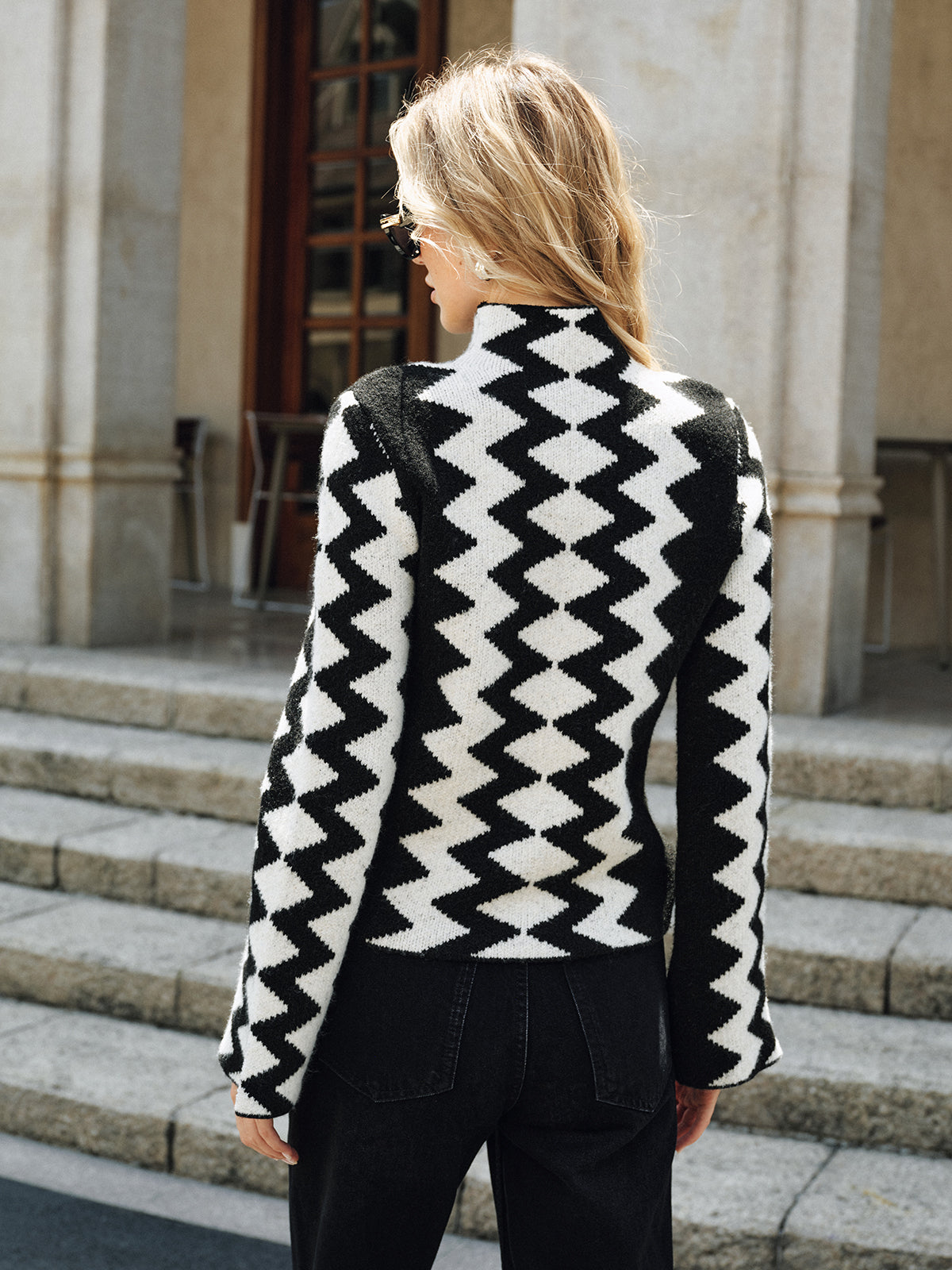 Chevron Pattern Mock Neck Knit Sweater Cozy Winter Apparel