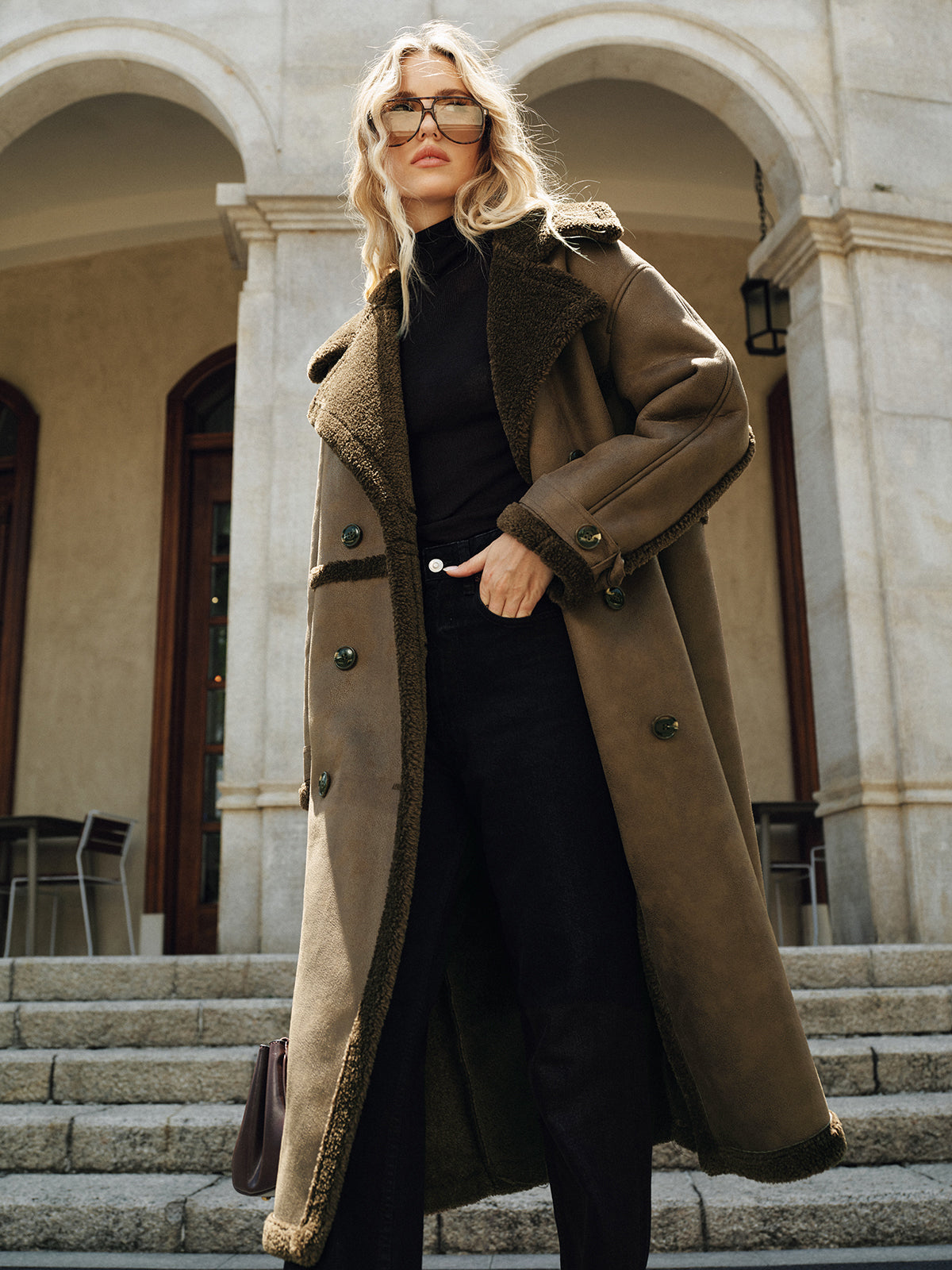 Double-Breasted Fleece Lined Faux Leather Longline Coat, Stylish Winter Outerwear for Women
