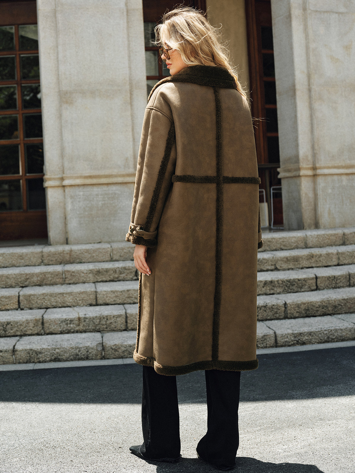 Double-Breasted Fleece Lined Faux Leather Longline Coat, Stylish Winter Outerwear for Women
