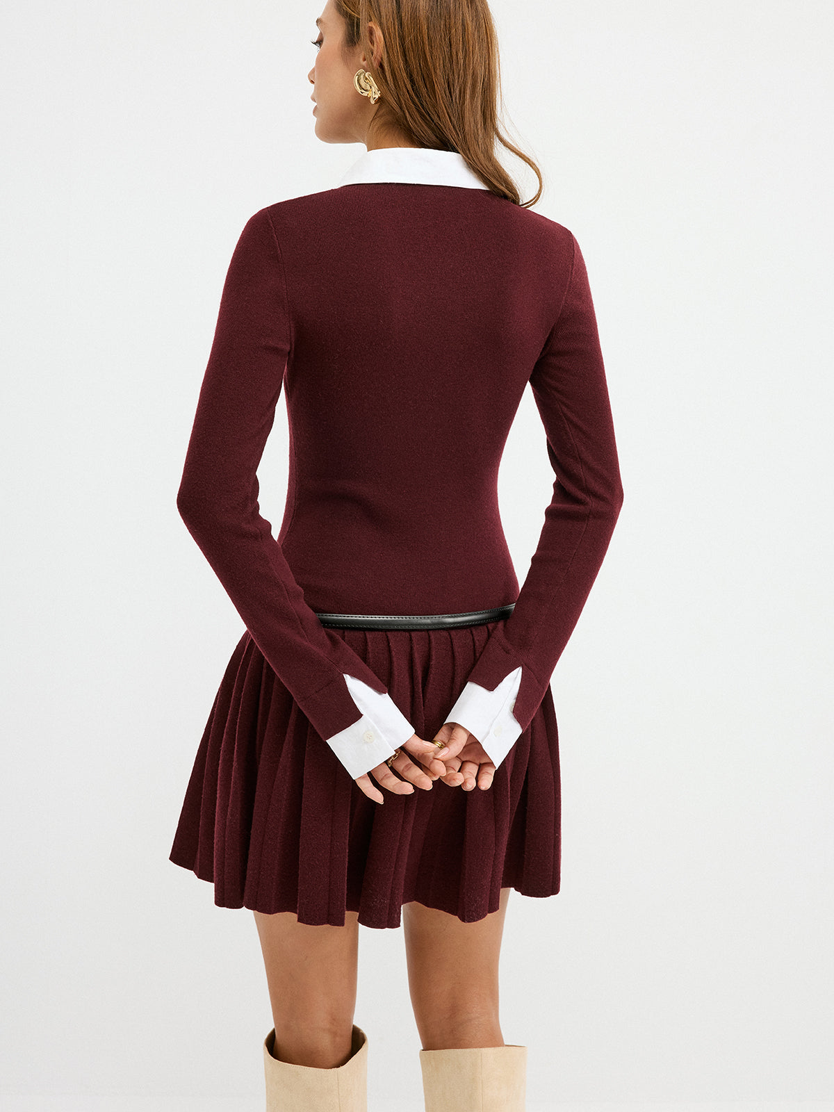 Detachable Shirt Collar Pleated Mini Dress without Belt, Fashionable Women's Casual Party Wear