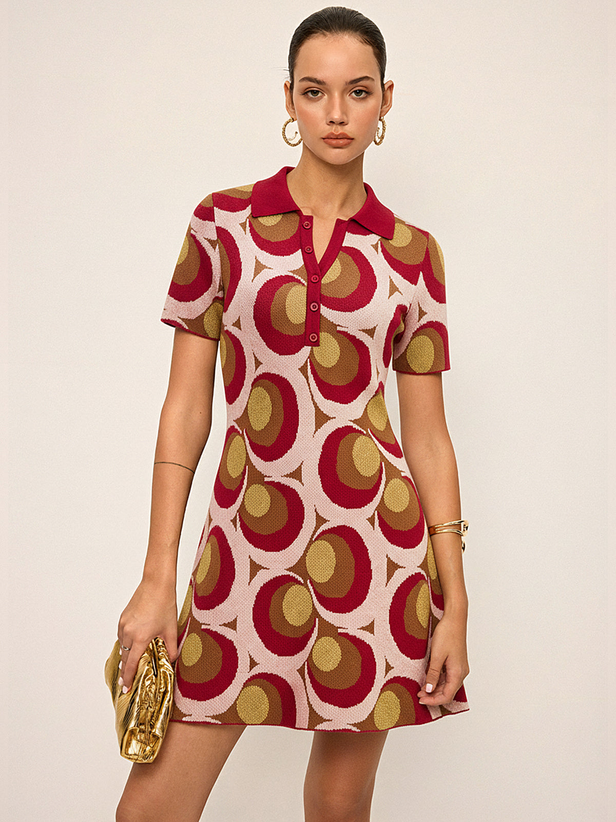 Vintage Print Polo Collar Sweater Dress with Button Detail