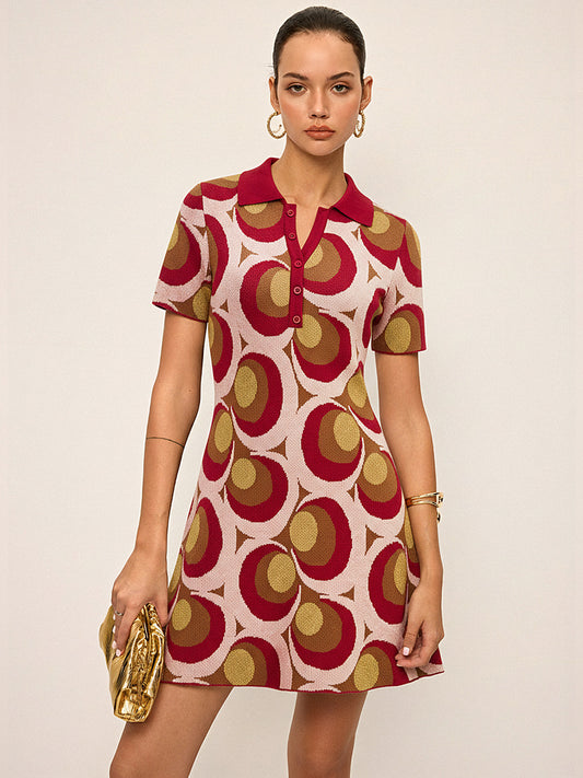 Vintage Print Polo Collar Sweater Dress with Button Detail