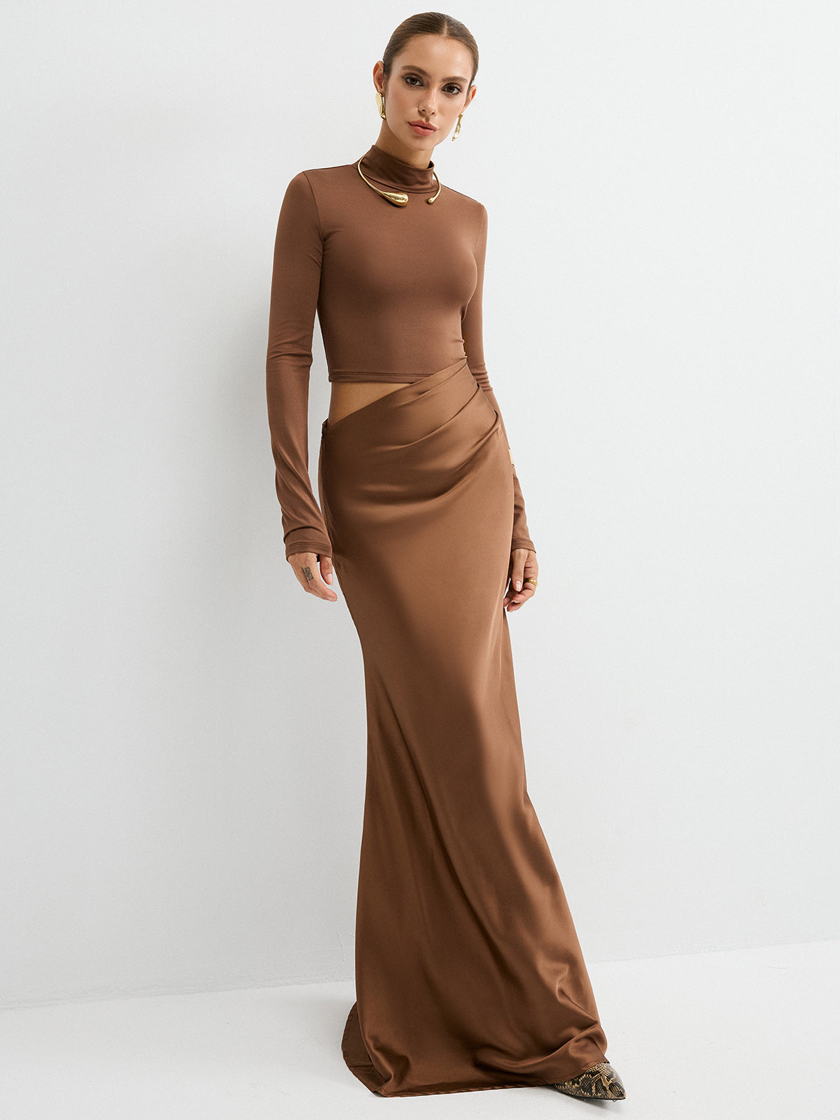 Satin Panel Mock Neck Long Sleeve Maxi Dress Elegant Formal Evening Gown