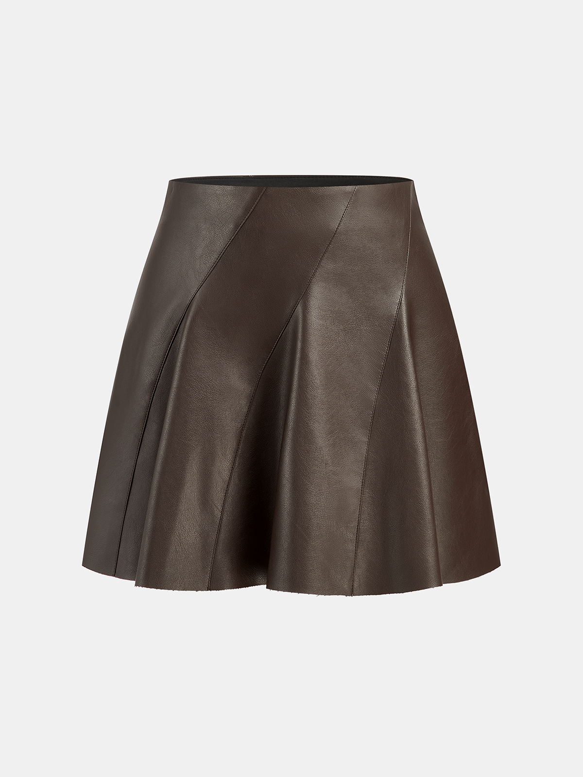 Seam Detail Faux Leather Flared Mini Skirt with High Waist Fit