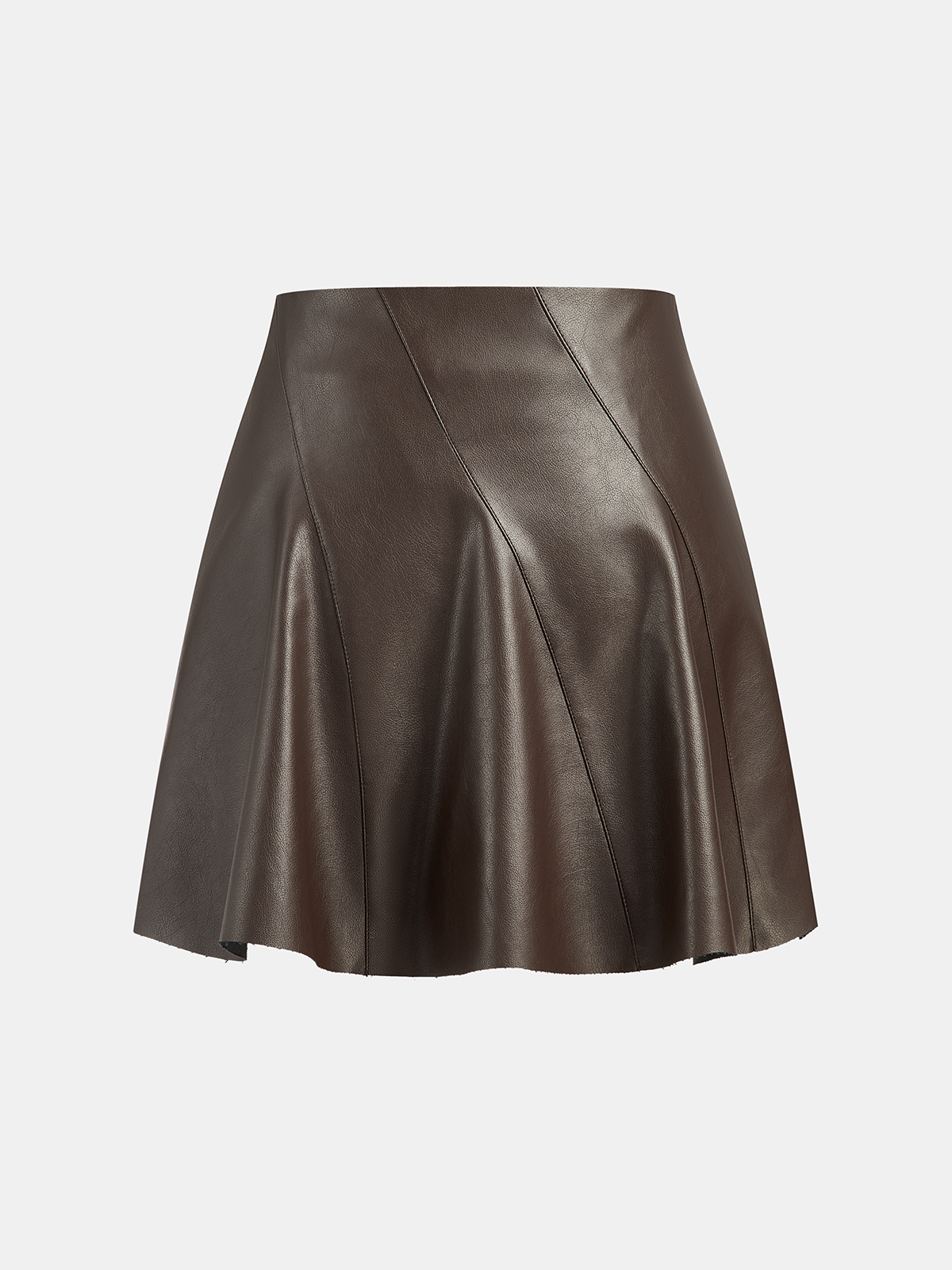 Seam Detail Faux Leather Flared Mini Skirt with High Waist Fit