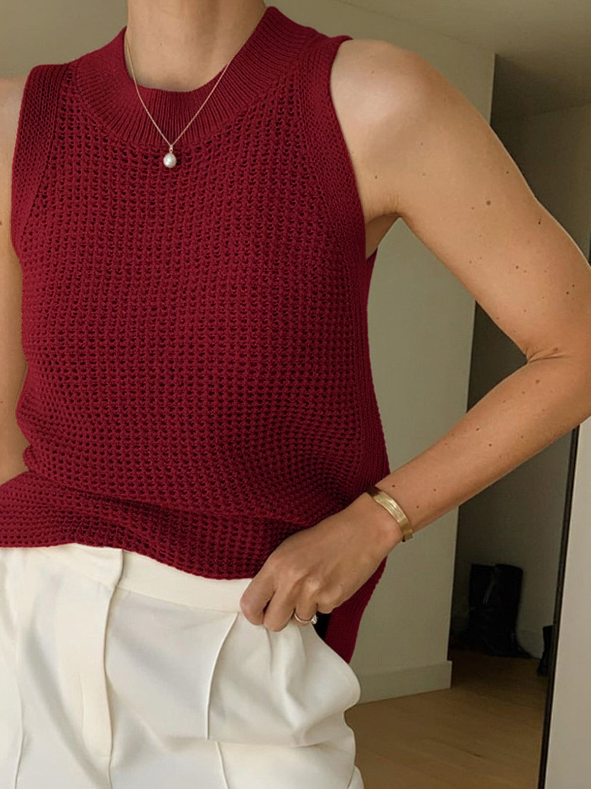 Knit Hollow Solid Tank Top Lightweight Breathable Summer Wear
