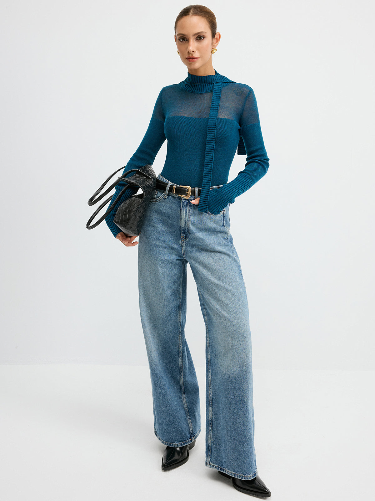 Sheer Panel Tie Neck Wool Blend Knit Top - Fashionable Comfortable Long Sleeve Pullover