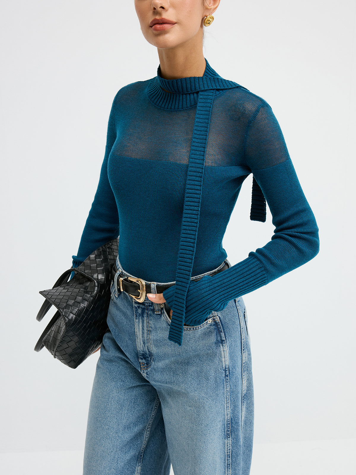 Sheer Panel Tie Neck Wool Blend Knit Top - Fashionable Comfortable Long Sleeve Pullover