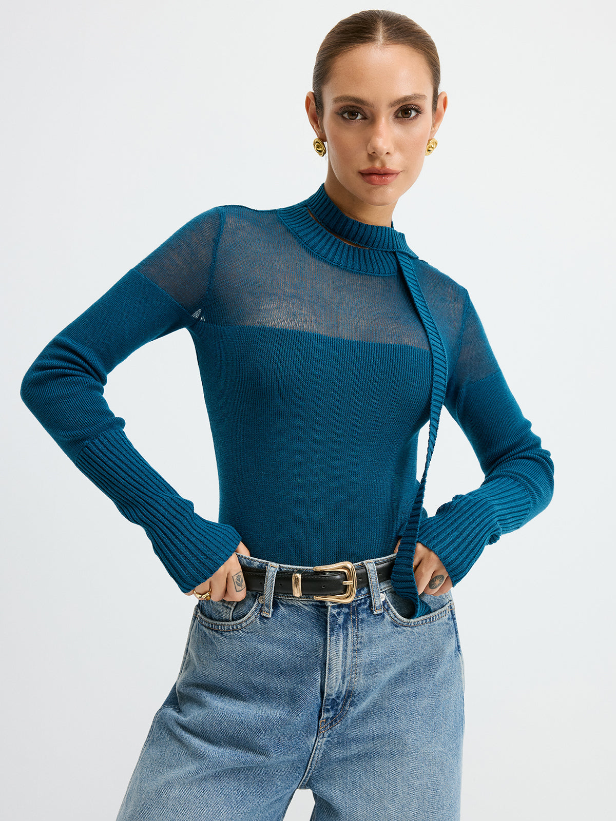Sheer Panel Tie Neck Wool Blend Knit Top - Fashionable Comfortable Long Sleeve Pullover