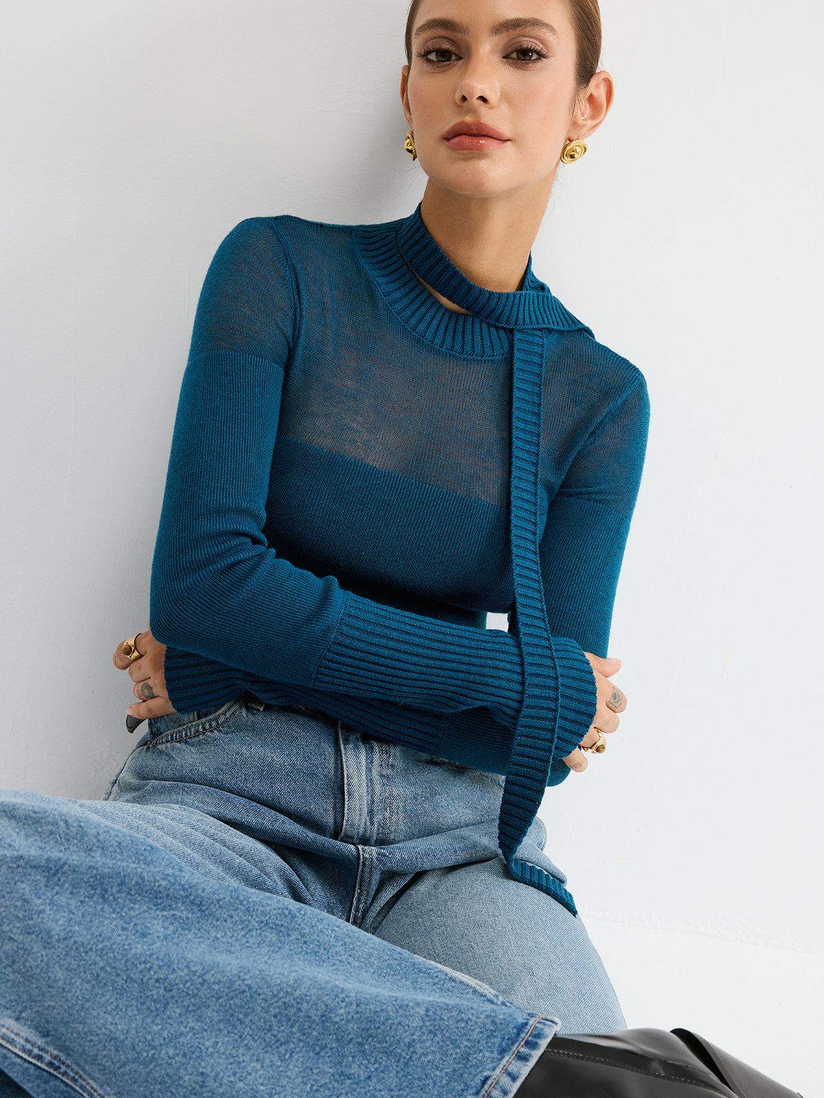 Sheer Panel Tie Neck Wool Blend Knit Top - Fashionable Comfortable Long Sleeve Pullover