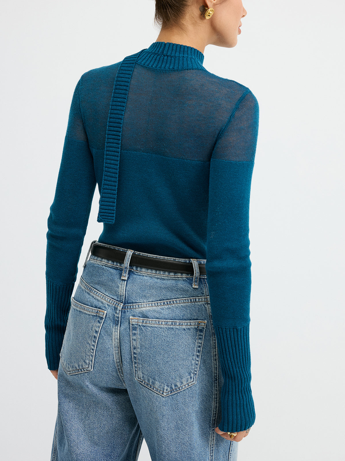 Sheer Panel Tie Neck Wool Blend Knit Top - Fashionable Comfortable Long Sleeve Pullover