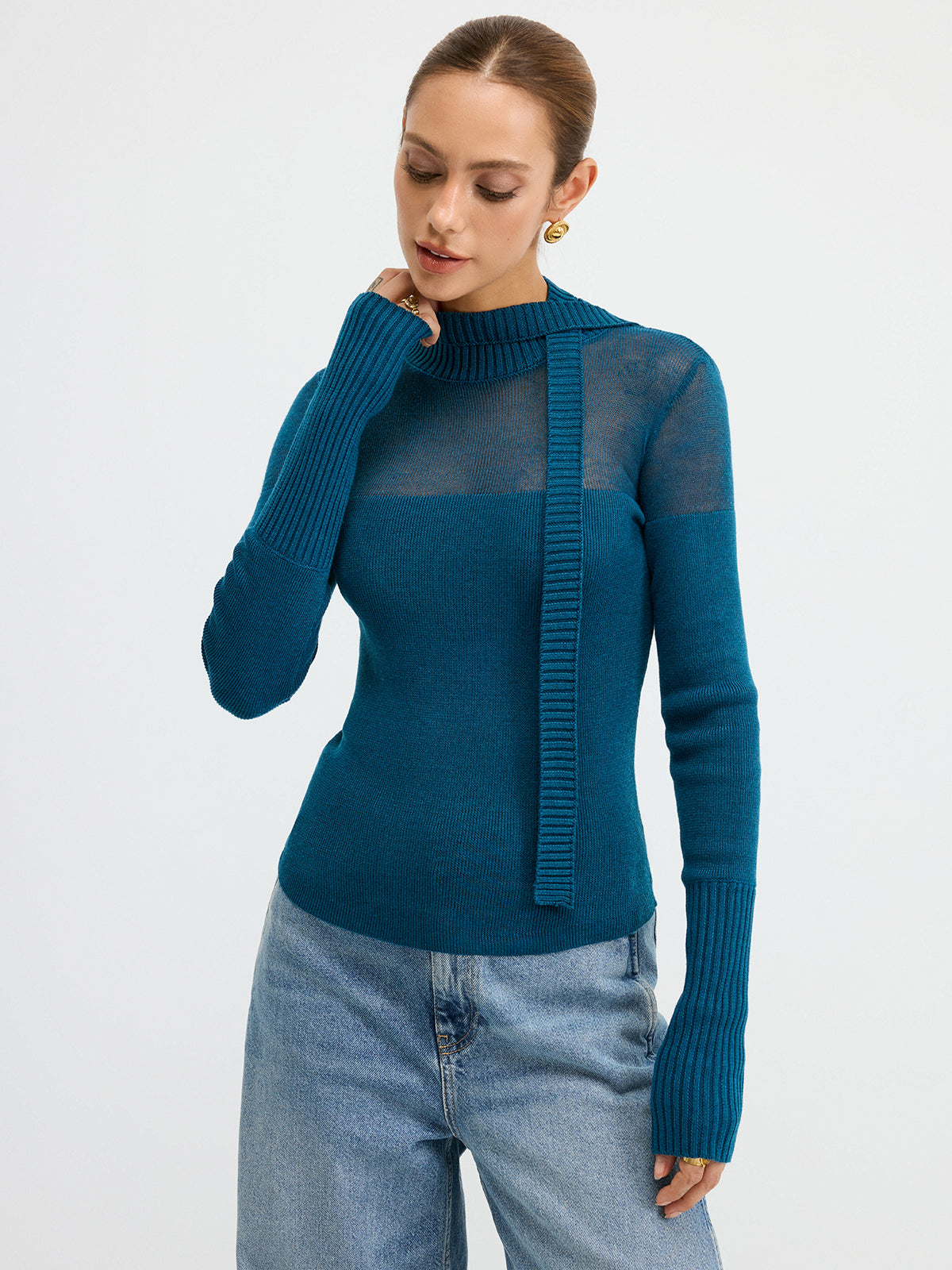 Sheer Panel Tie Neck Wool Blend Knit Top - Fashionable Comfortable Long Sleeve Pullover