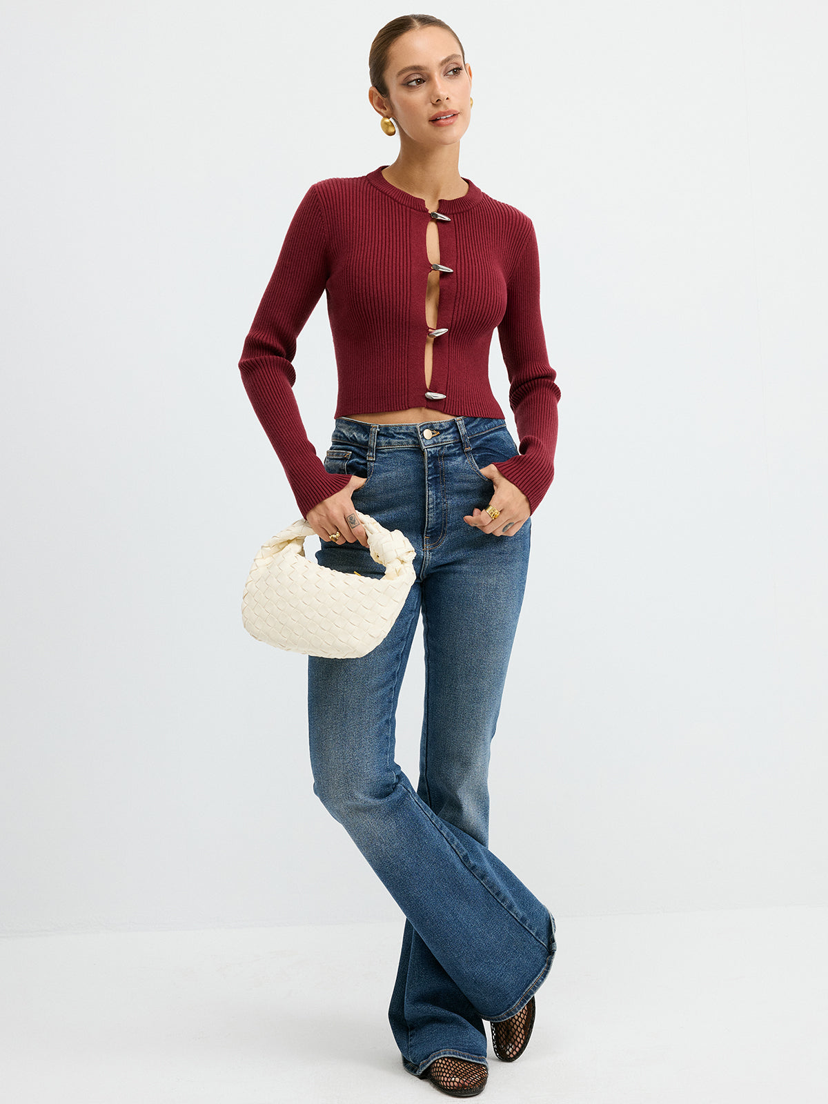 Metal Button Ribbed Fitted Sweater Cozy Long Sleeve Winter Knit