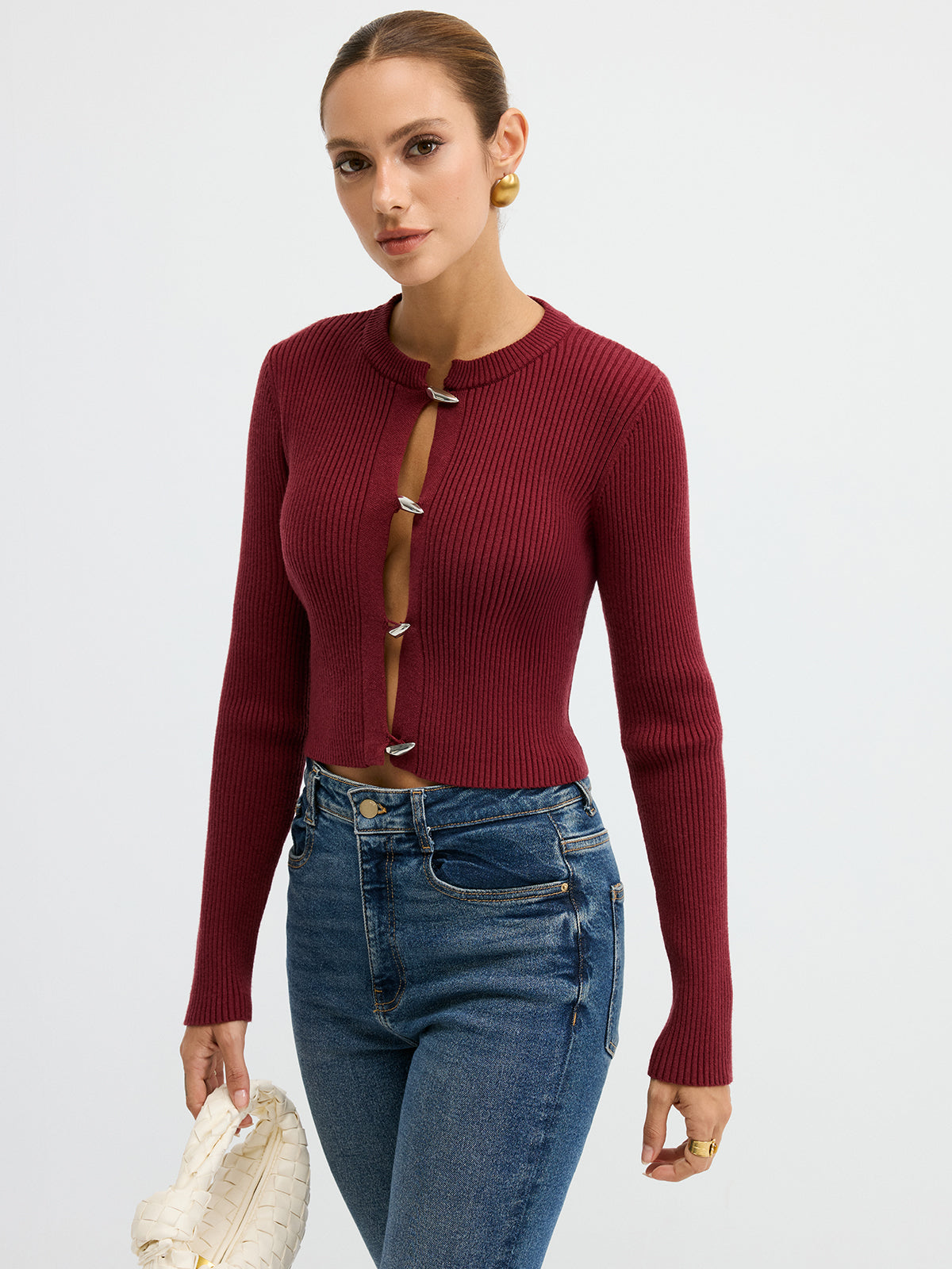 Metal Button Ribbed Fitted Sweater Cozy Long Sleeve Winter Knit