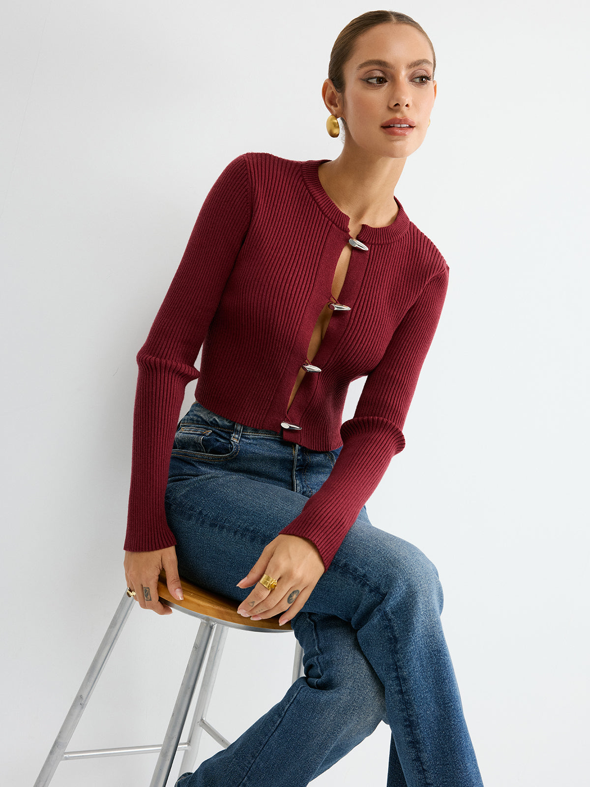 Metal Button Ribbed Fitted Sweater Cozy Long Sleeve Winter Knit