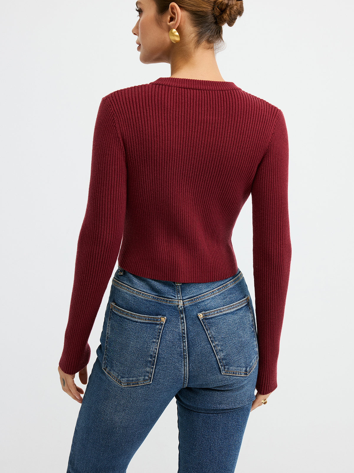 Metal Button Ribbed Fitted Sweater Cozy Long Sleeve Winter Knit