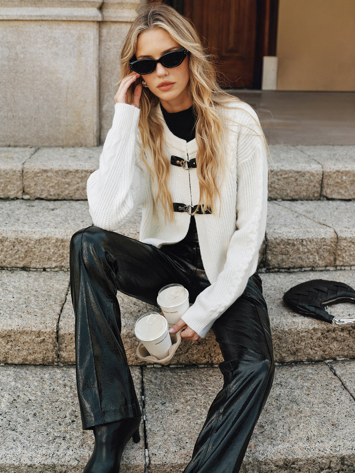 Cable-Knit Cardigan with Buckle Closure for Women