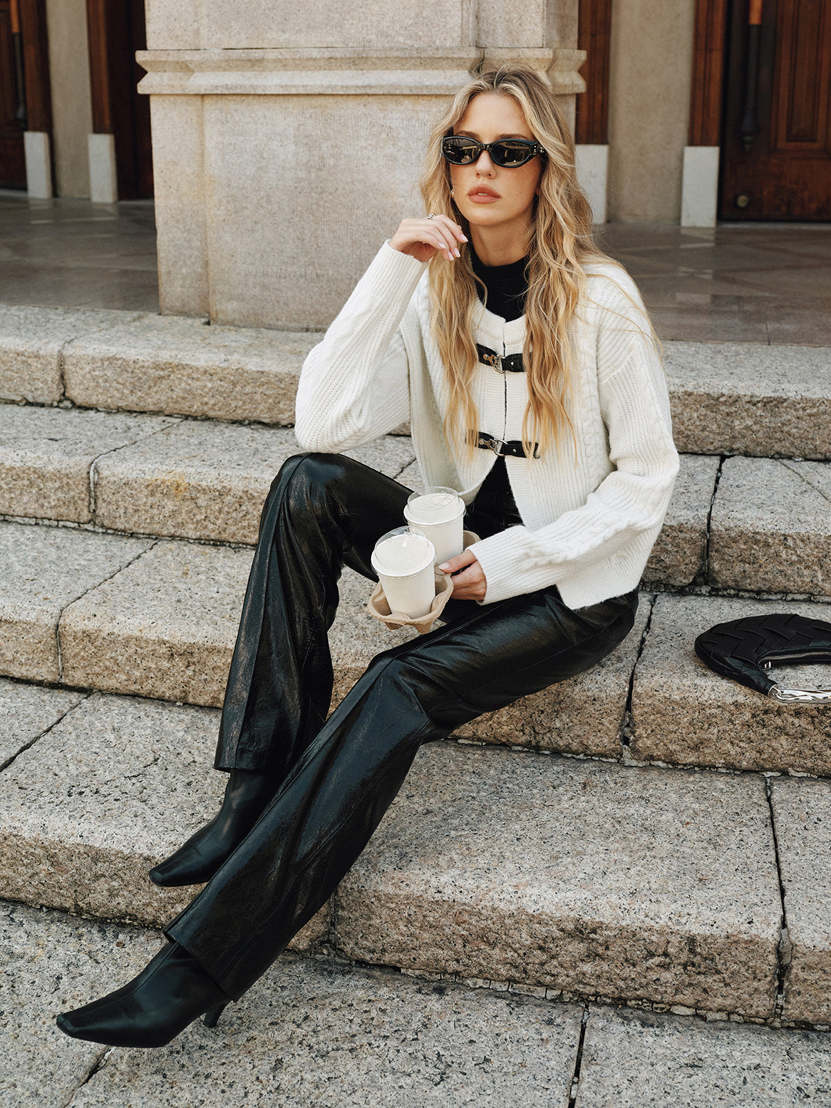 Cable-Knit Cardigan with Buckle Closure for Women