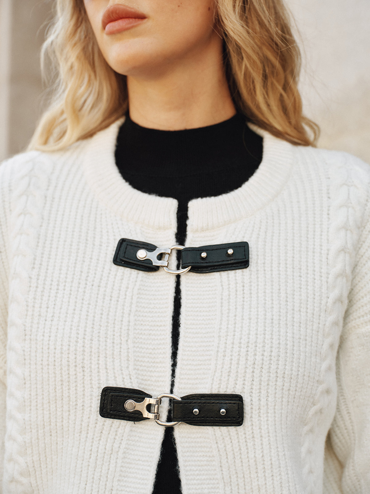 Cable-Knit Cardigan with Buckle Closure for Women