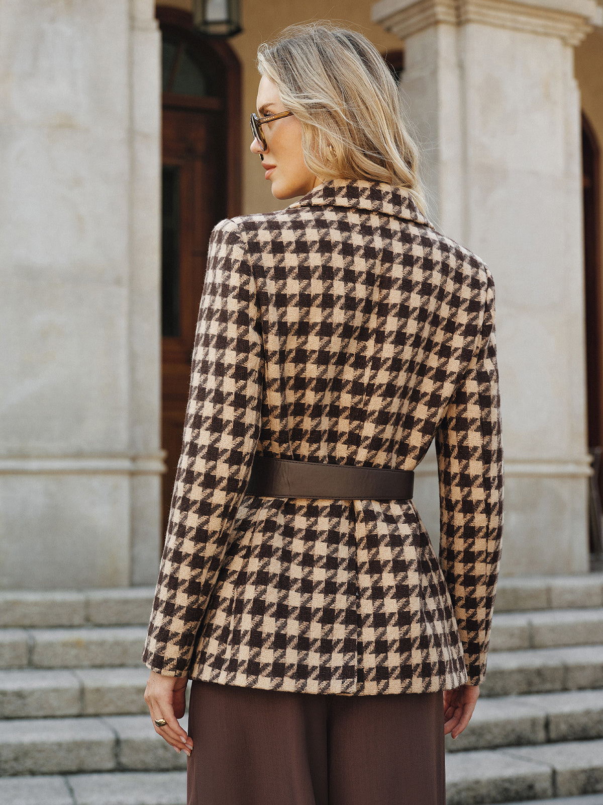 Houndstooth Belted Blazer with Classic Tailored Fit