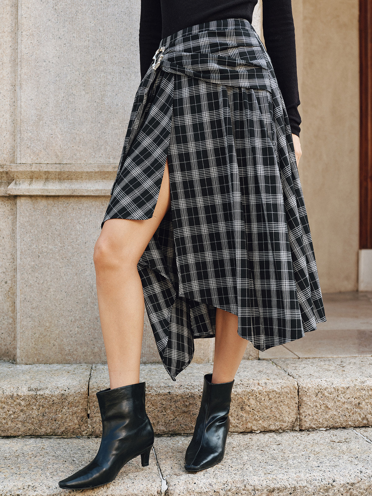 Plaid Asymmetric High-Slit Midi Skirt with Button Detail