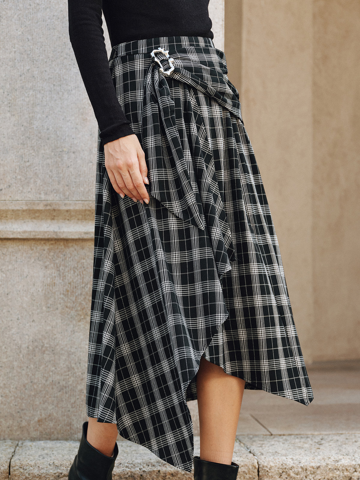 Plaid Asymmetric High-Slit Midi Skirt with Button Detail