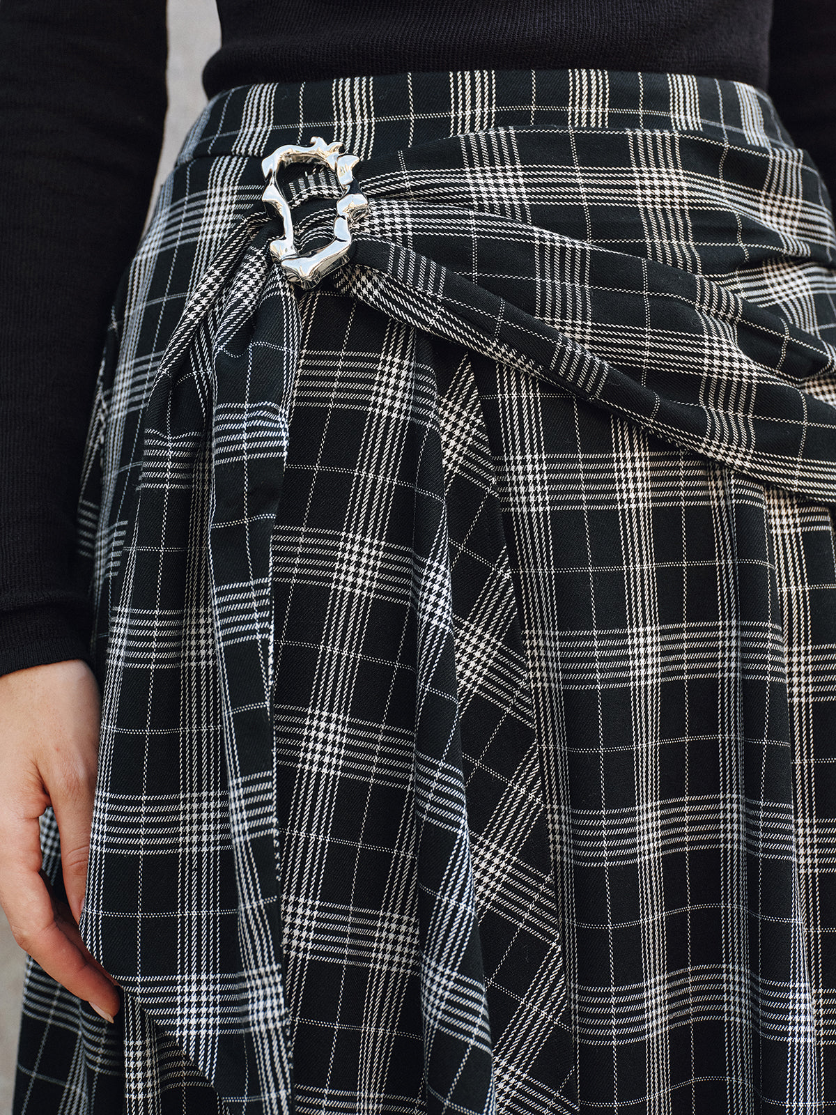 Plaid Asymmetric High-Slit Midi Skirt with Button Detail