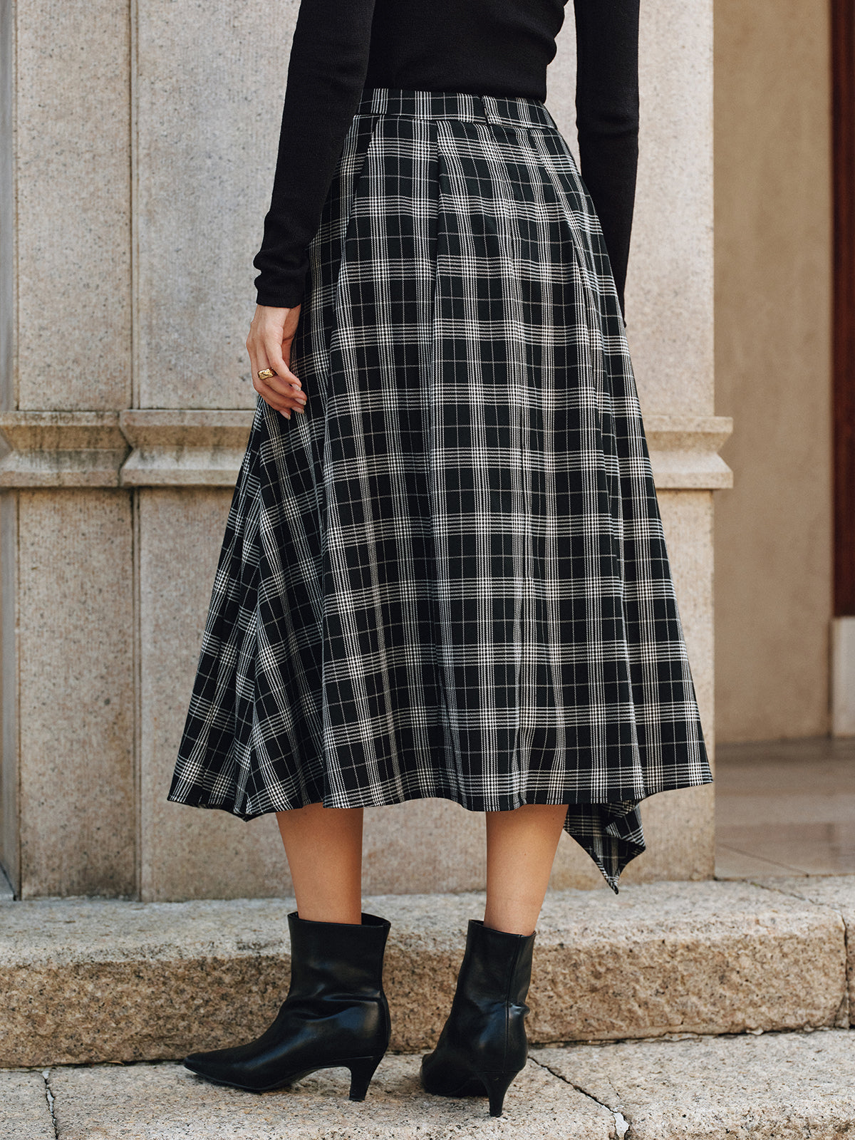 Plaid Asymmetric High-Slit Midi Skirt with Button Detail