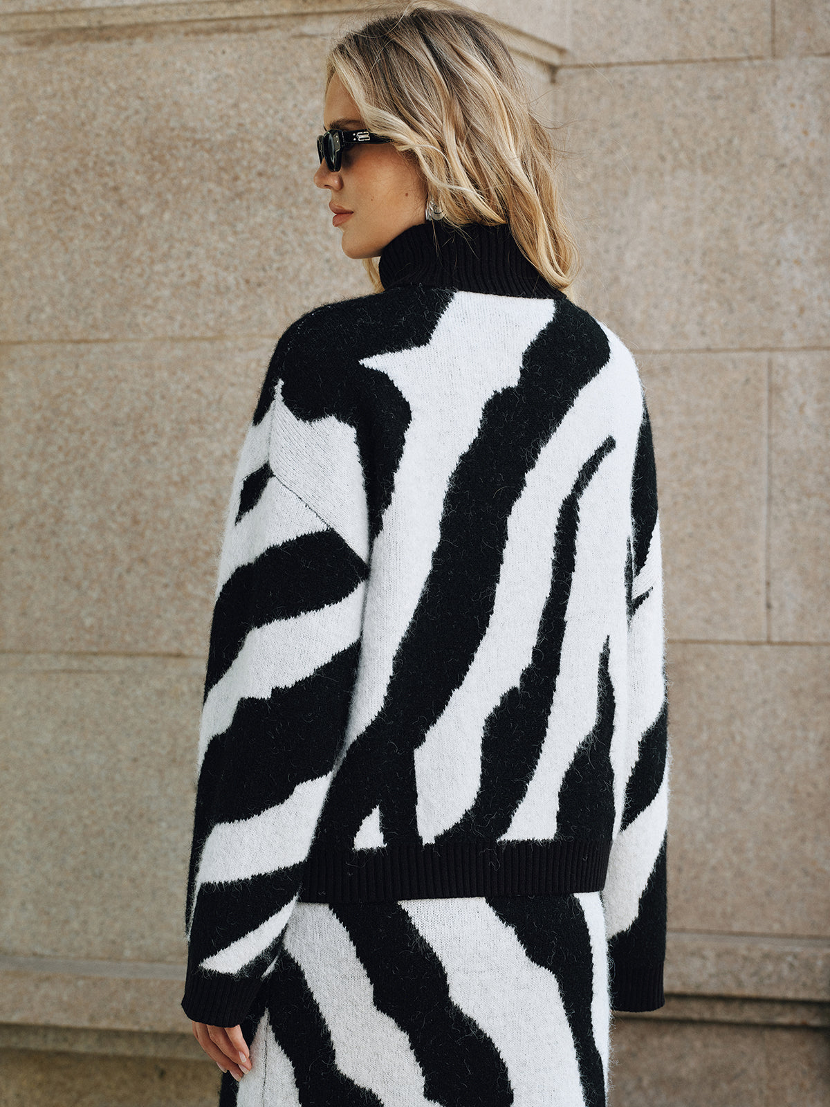 Zebra Print Turtleneck Wool Blend Sweater Comfortable Fashionable Unisex