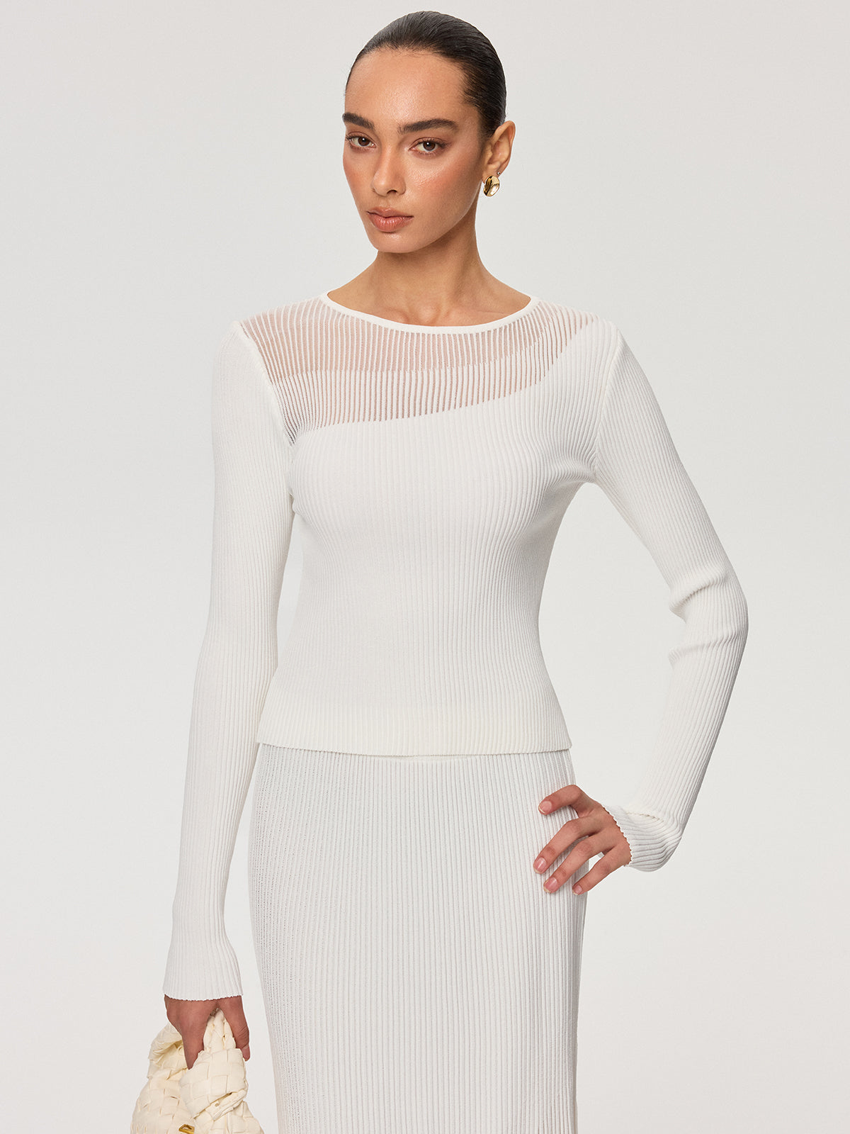 Sheer Panel Ribbed Knit Top for Women Casual Fit
