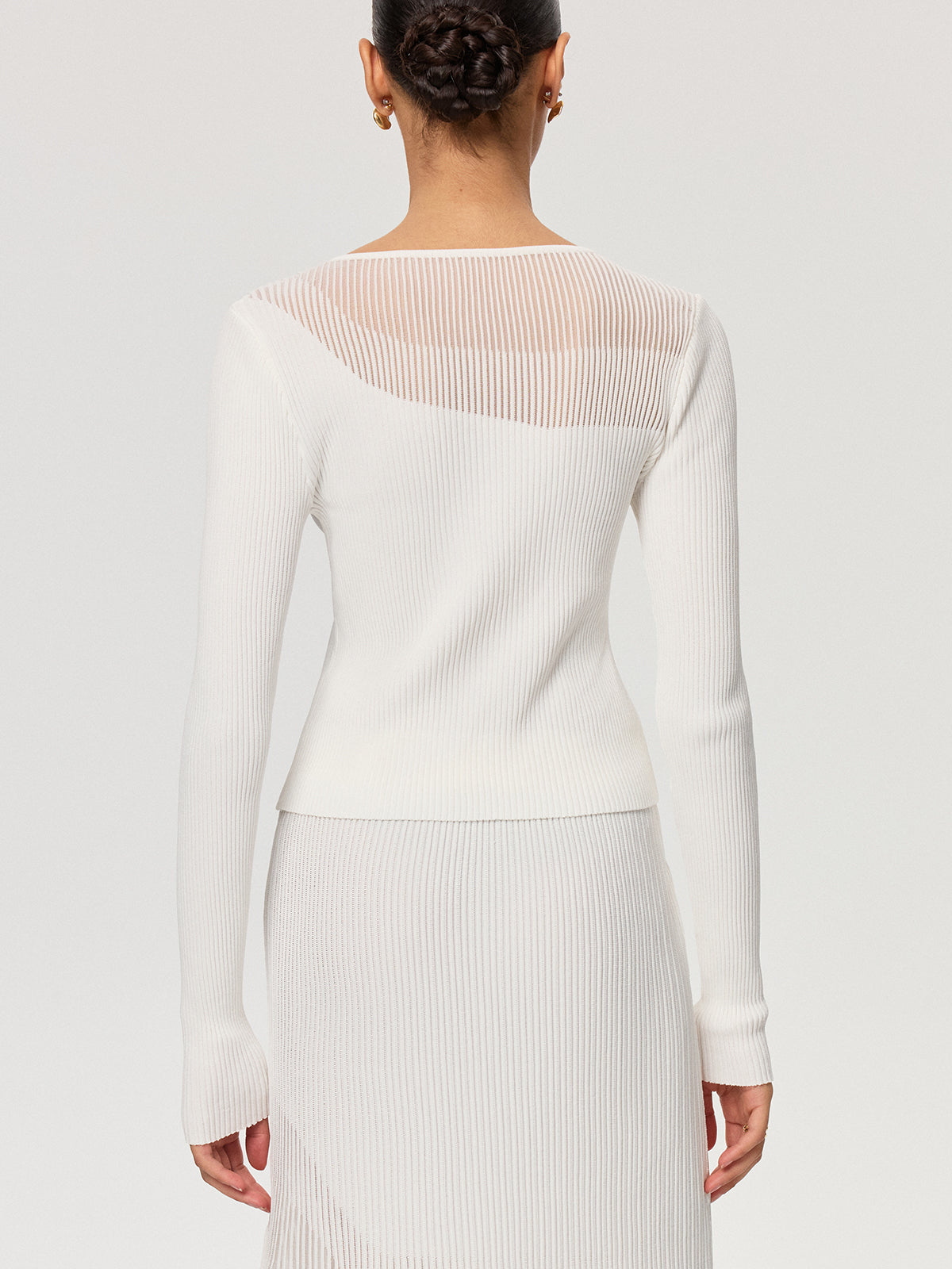 Sheer Panel Ribbed Knit Top for Women Casual Fit