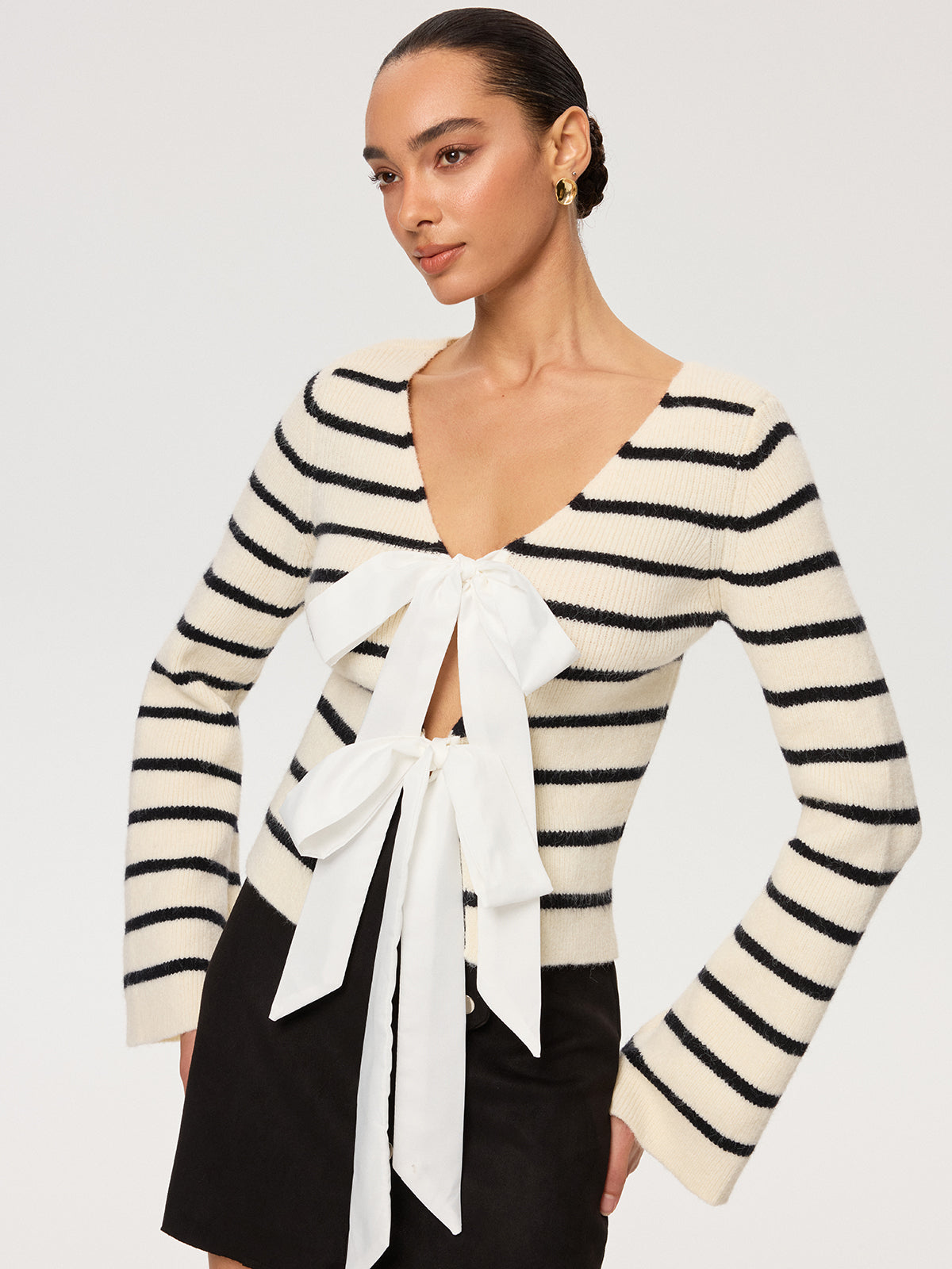 Reversible Striped Bow Cardigan with Tie Front Closure