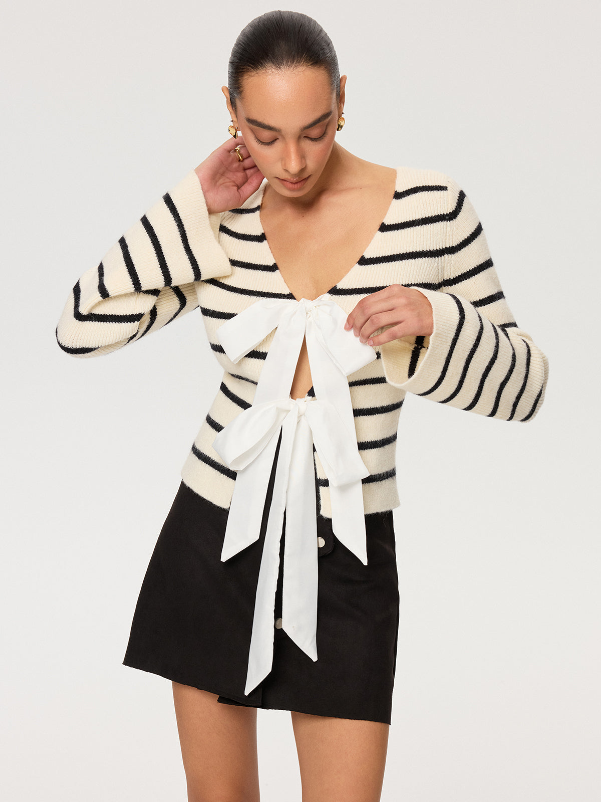 Reversible Striped Bow Cardigan with Tie Front Closure