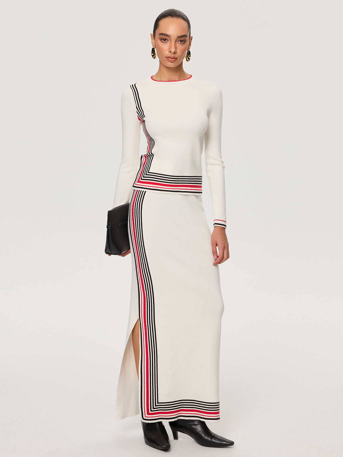 Striped Wool-Blend Slit Maxi Skirt for Women Winter Fashion