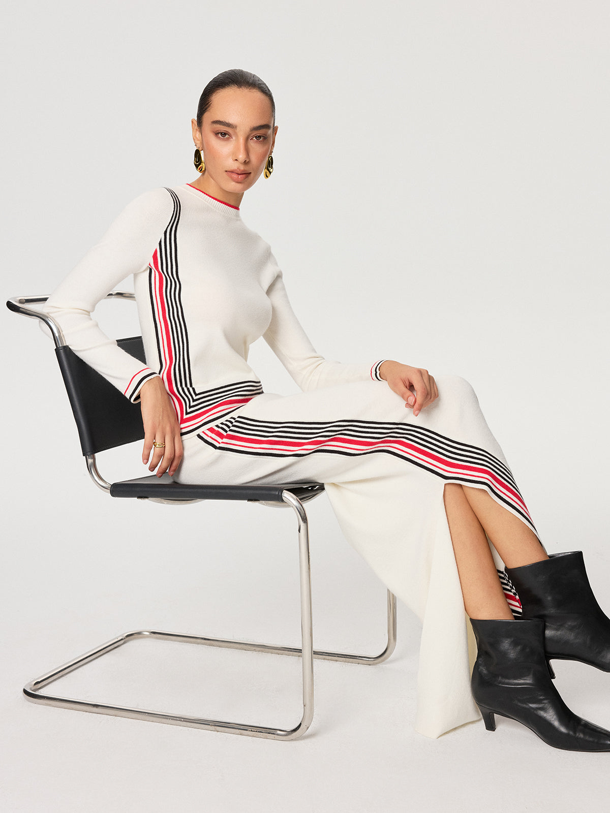 Striped Wool-Blend Slit Maxi Skirt for Women Winter Fashion